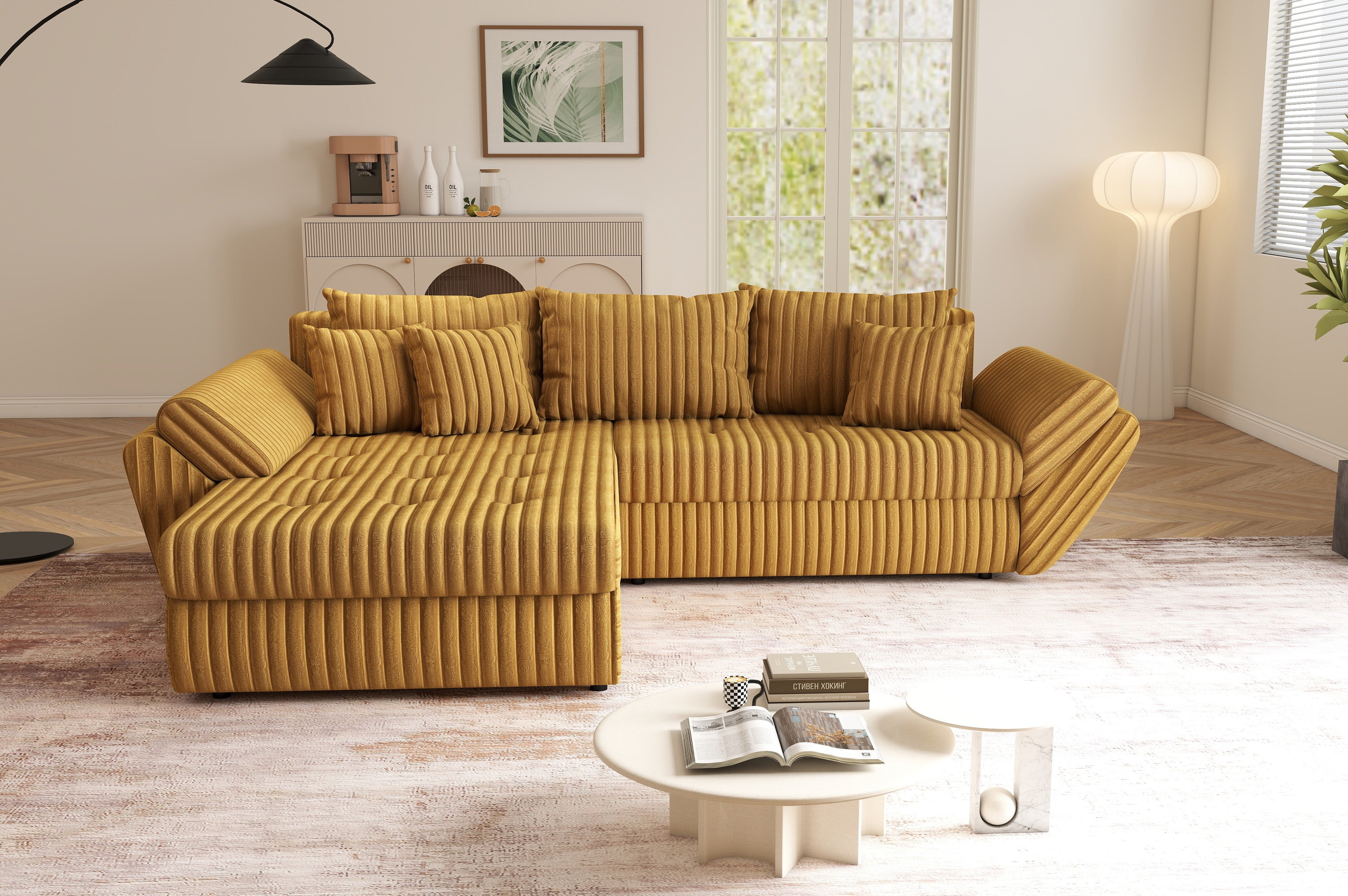 Colțar extensibil dumonde cu ladă de depozitare si sezut confortabil din spuma HR, Loana Ambience Mustar 270x185 cm Fabrica