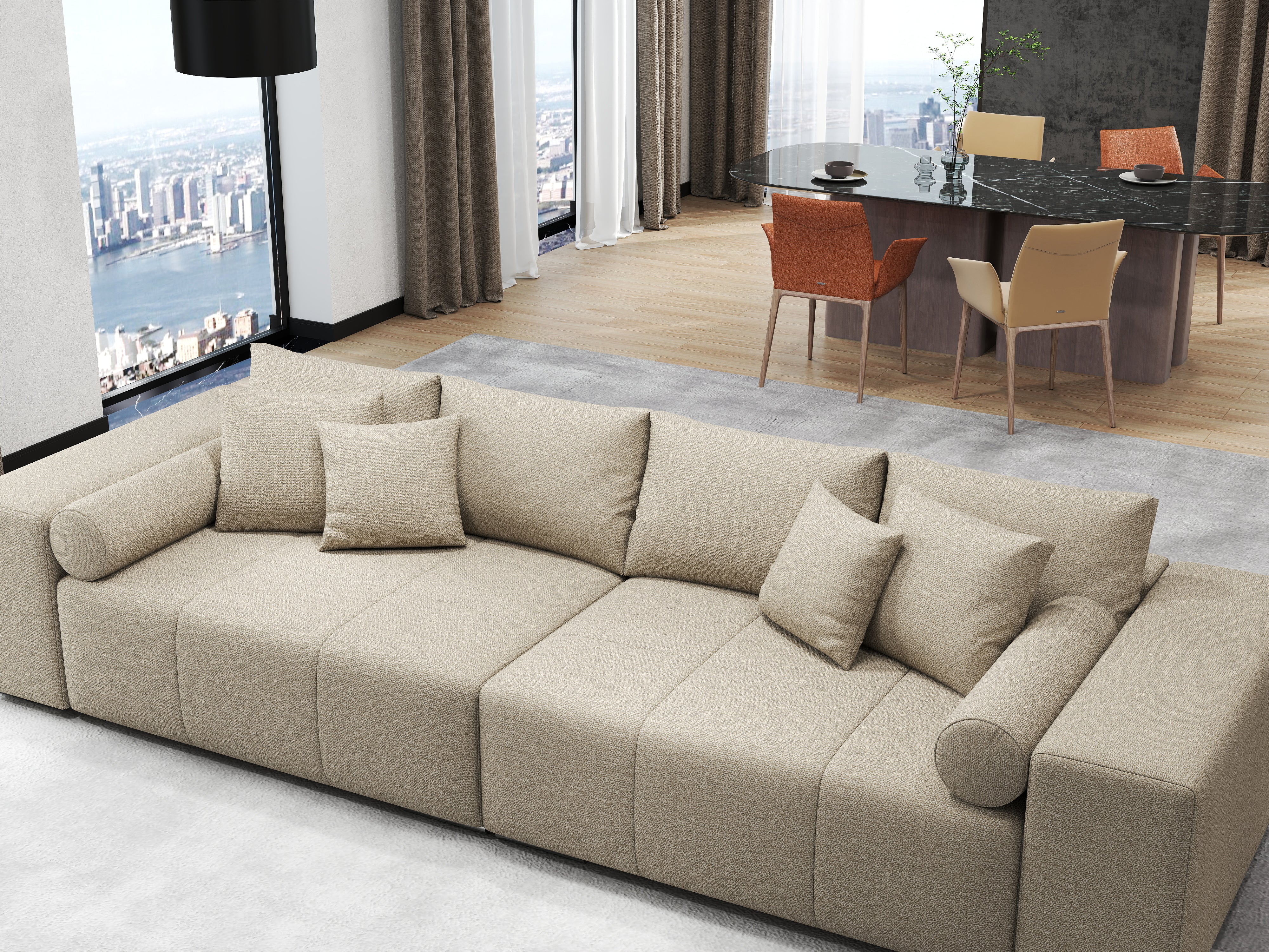 Canapea extensibilă dumonde cu ladă de depozitare si sezut confortabil din spuma HR, Marbela Enjoy Camel XXL 295x100 cm fabrica