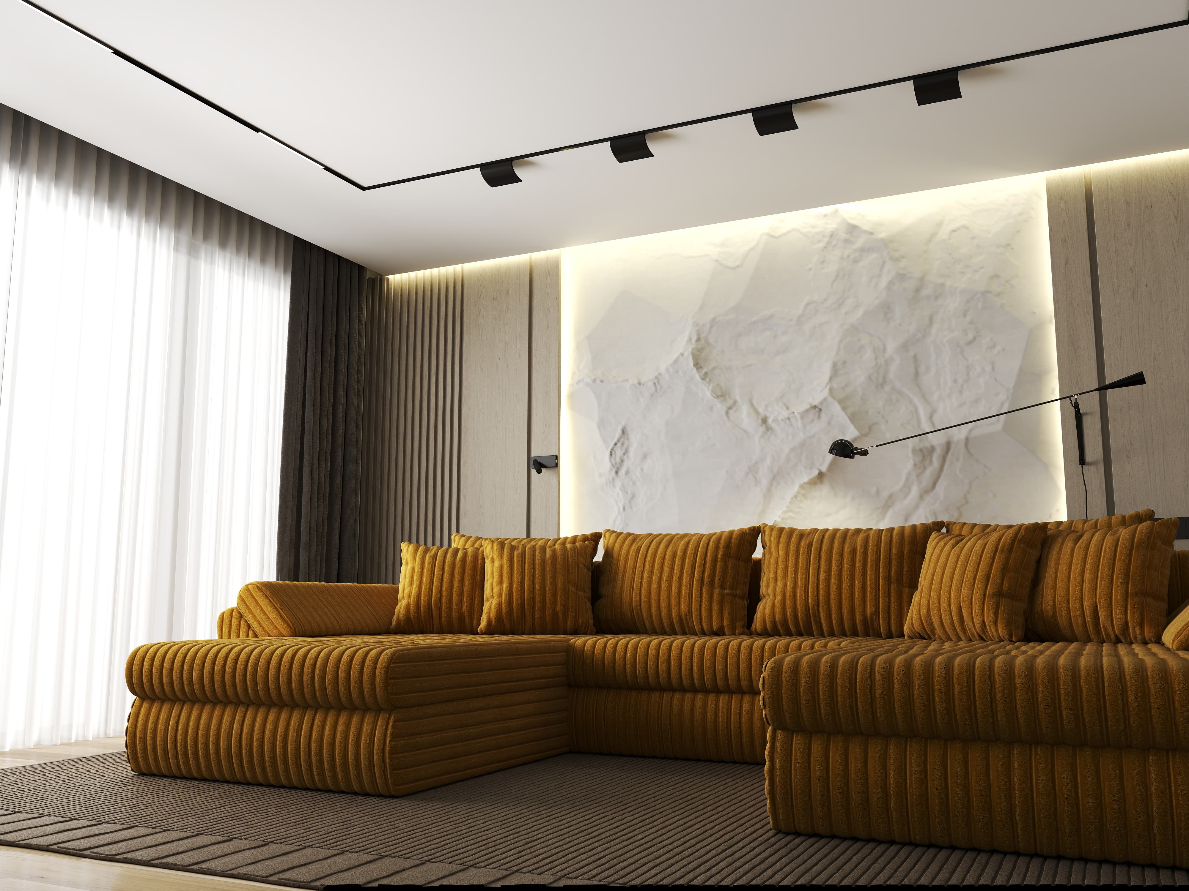 Colțar extensibil dumonde cu ladă de depozitare si sezut confortabil din spuma HR, Loana U Ambience Mustar 355x185 cm Fabrica