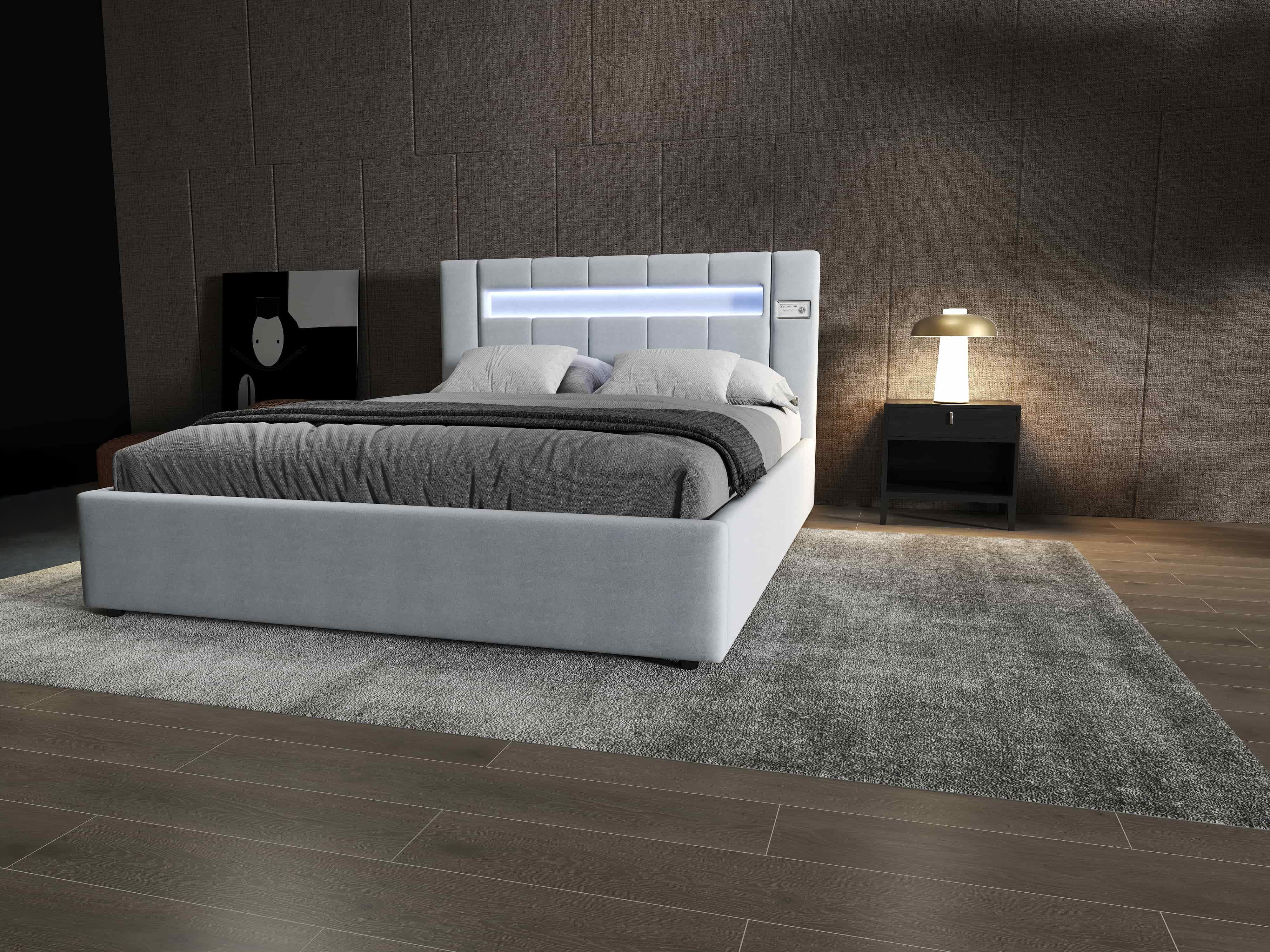 Pat dormitor dumonde, tapitat gri, Glow 140x200 cm, somiera rabatabila inclusa, spatiu depozitare WLS