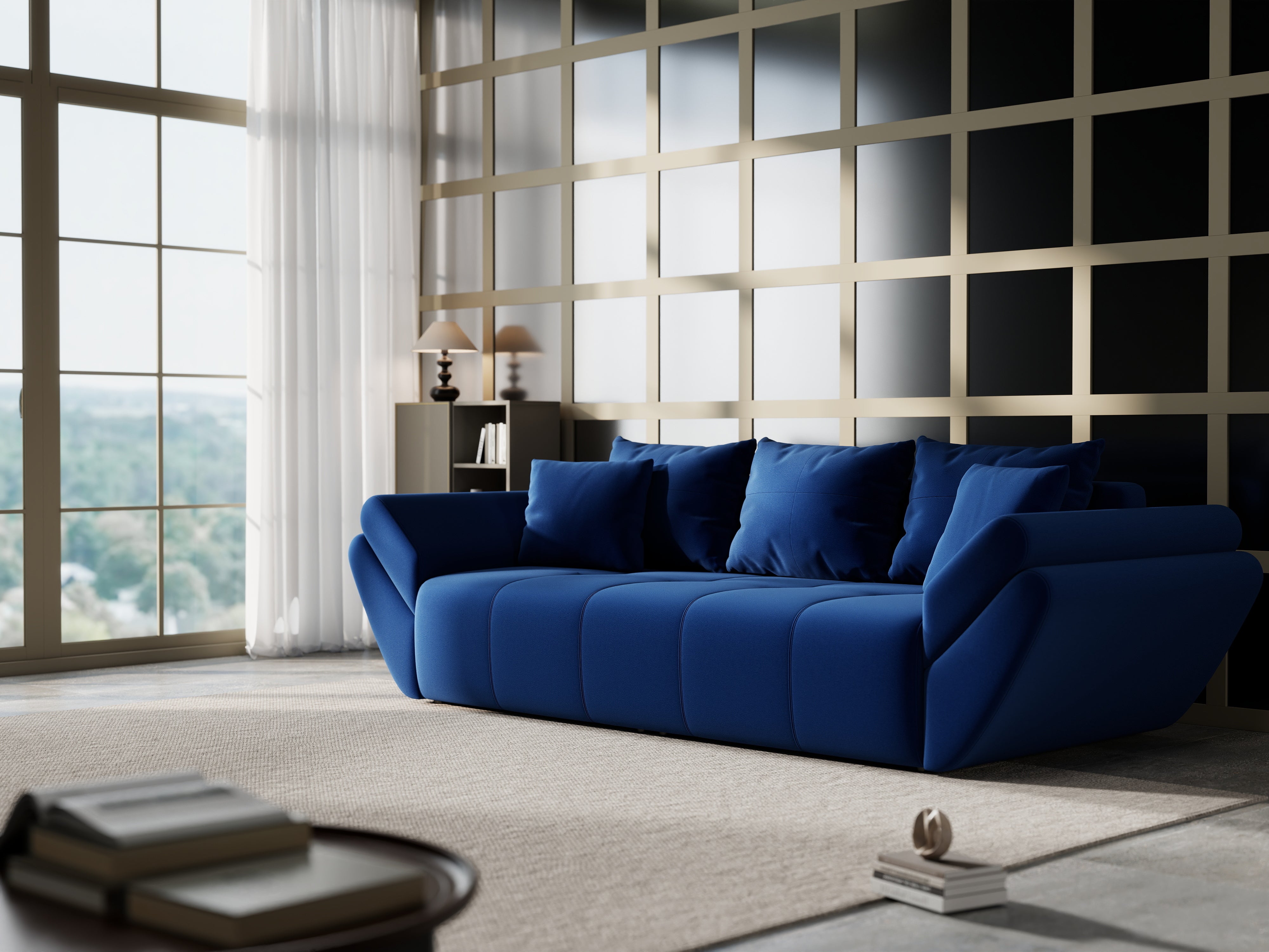 Canapea extensibilă dumonde cu ladă de depozitare si sezut confortabil din spuma HR, Berlin Royal Blue 250x100 cm Fabrica
