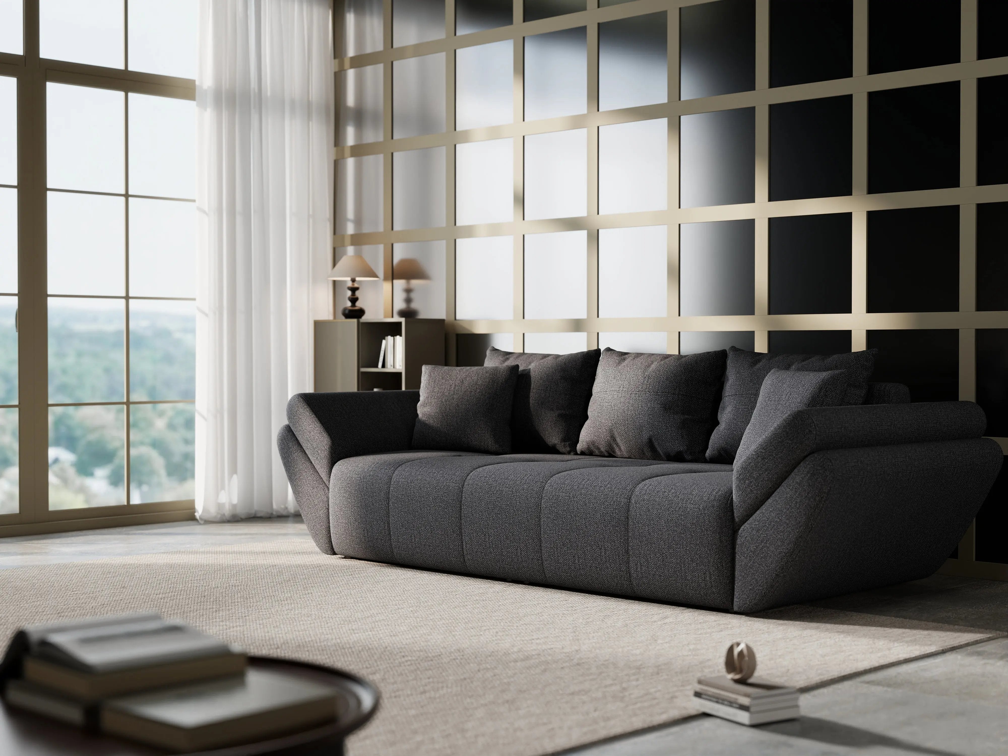 Canapea extensibilă dumonde cu ladă de depozitare si sezut confortabil din spuma HR, Berlin Enjoy Graphite 250x100 cm Fabrica