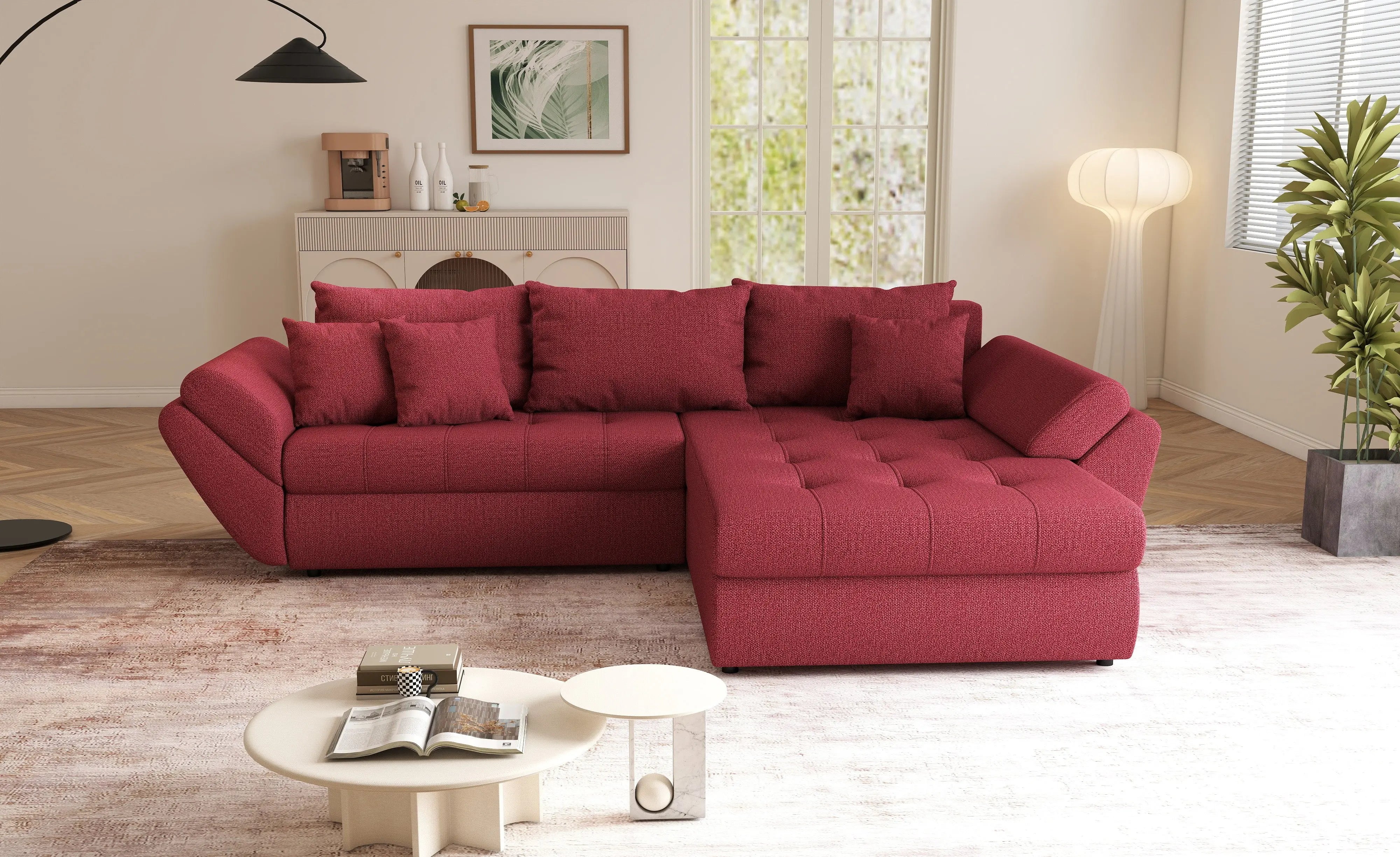 Colțar extensibil dumonde cu ladă de depozitare si sezut confortabil din spuma HR, Loana Bordoux II 270x185 cm Fabrica