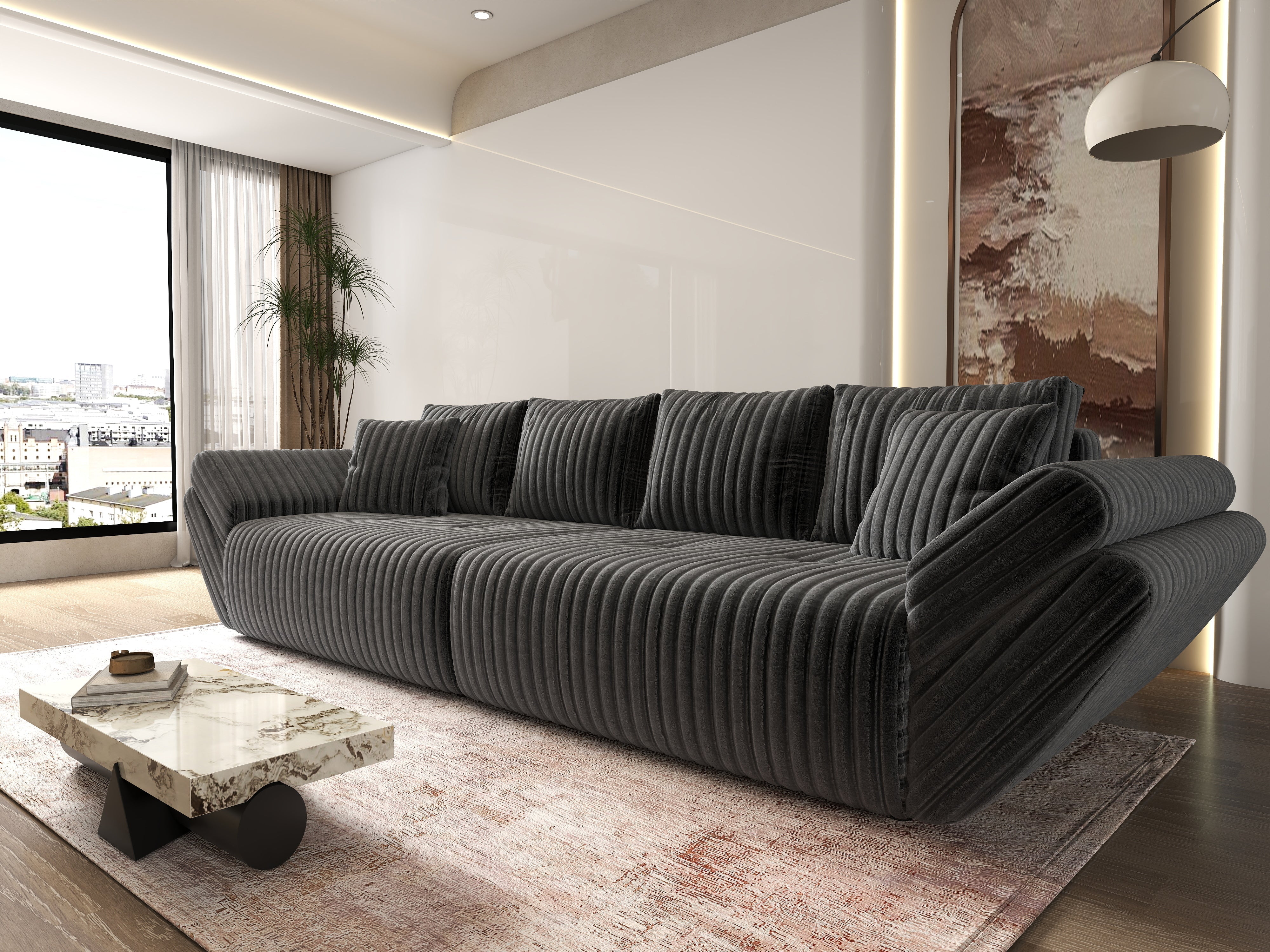 Canapea extensibilă dumonde cu ladă de depozitare si sezut confortabil din spuma HR, Berlin Ambience Grey 300x100 cm Fabrica