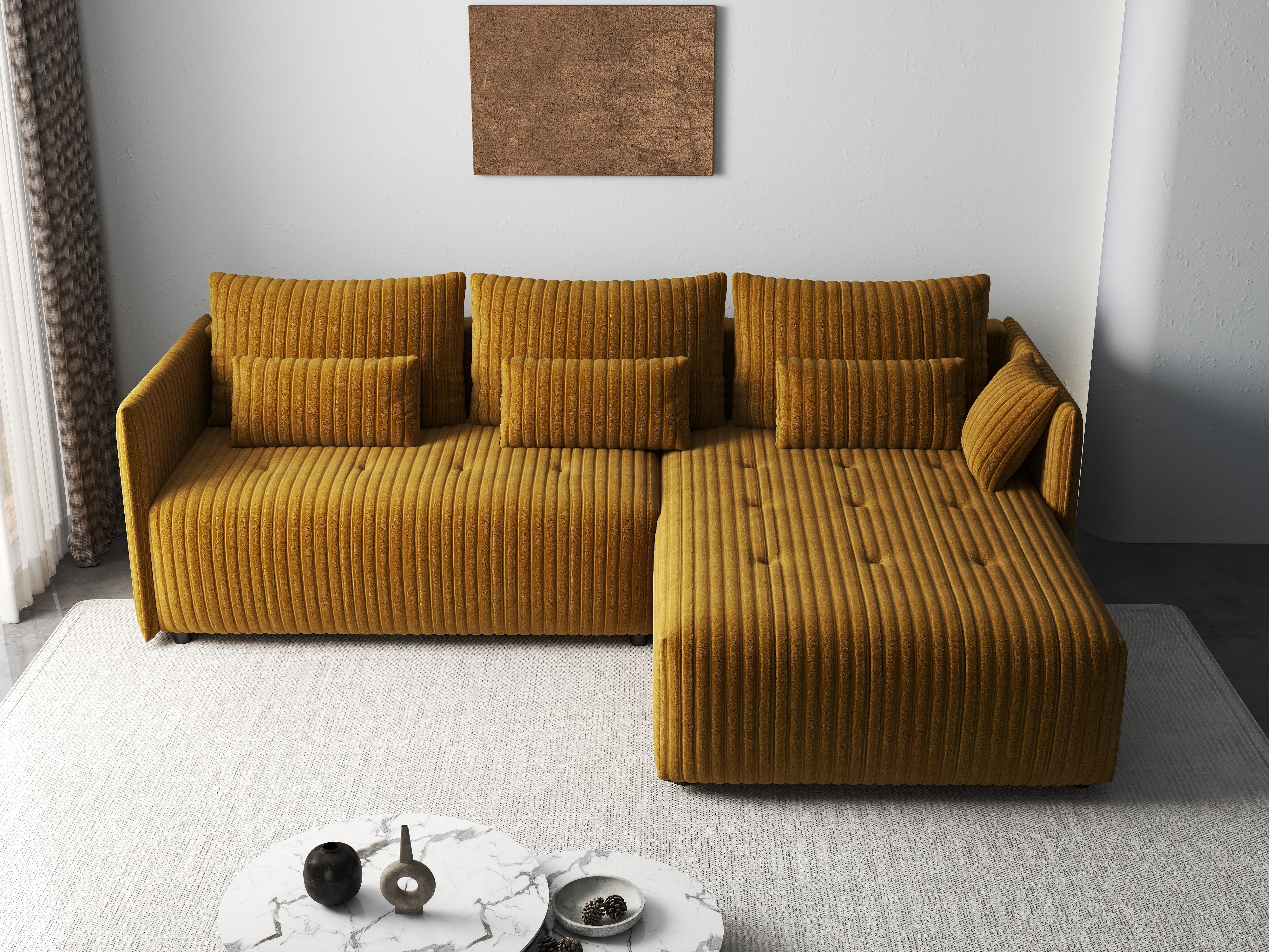 Colțar extensibil dumonde cu ladă de depozitare si sezut confortabil din spuma HR, Malta Ambience Mustard II 235x185 cm Fabrica