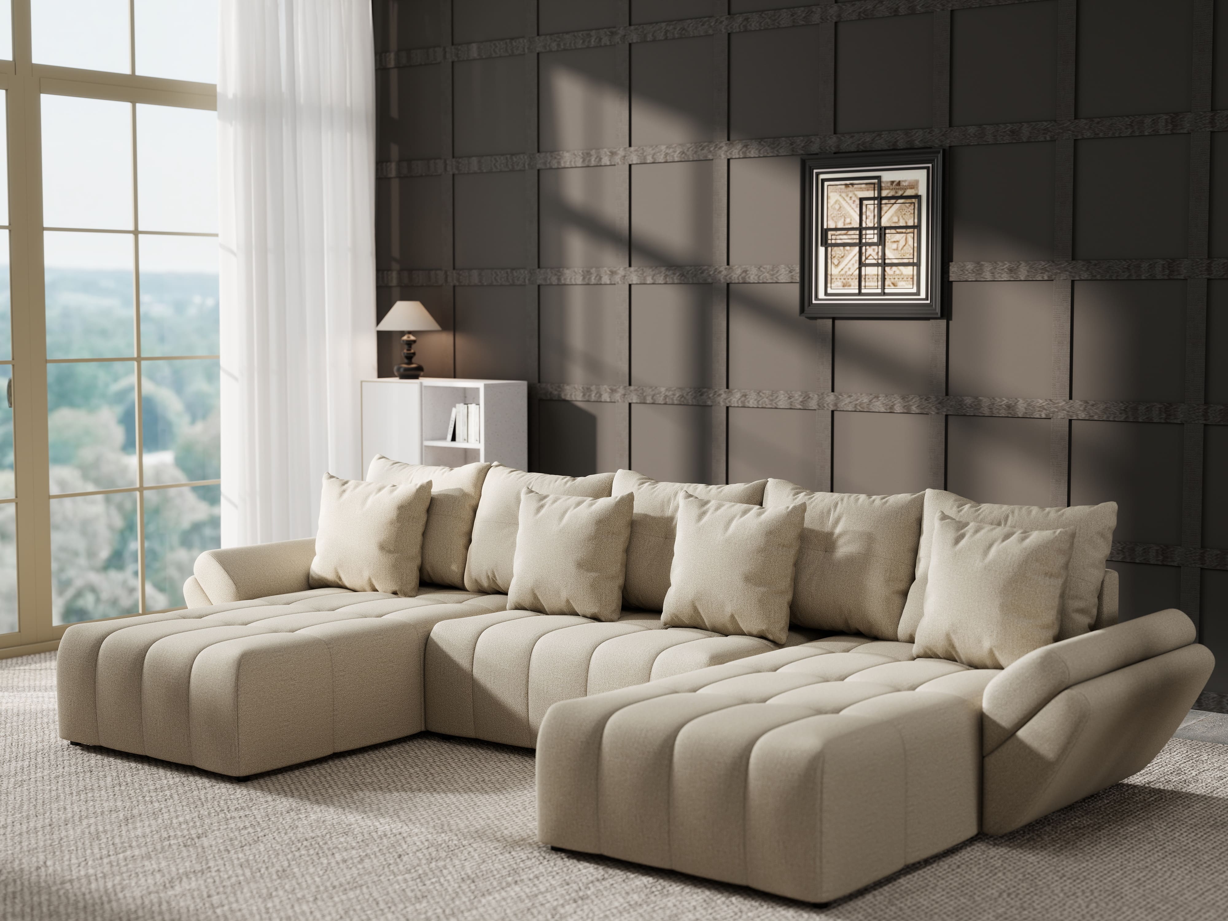 Colțar extensibil dumonde cu ladă de depozitare si sezut confortabil din spuma HR, Berlin U Enjoy Camel 380x180 cm Fabrica