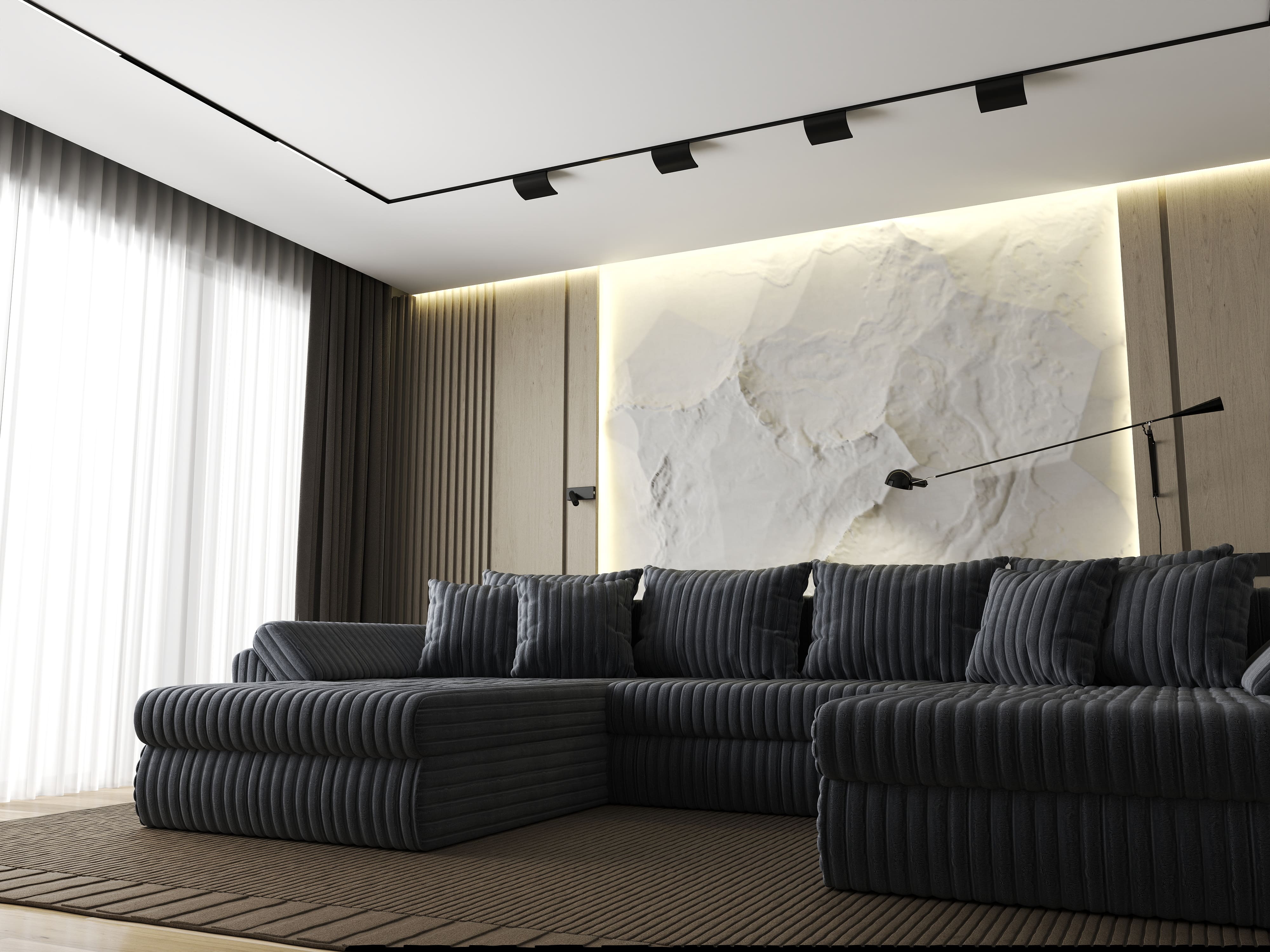 Colțar extensibil dumonde cu ladă de depozitare si sezut confortabil din spuma HR, Loana U Ambience Grey 355x185 cm Fabrica