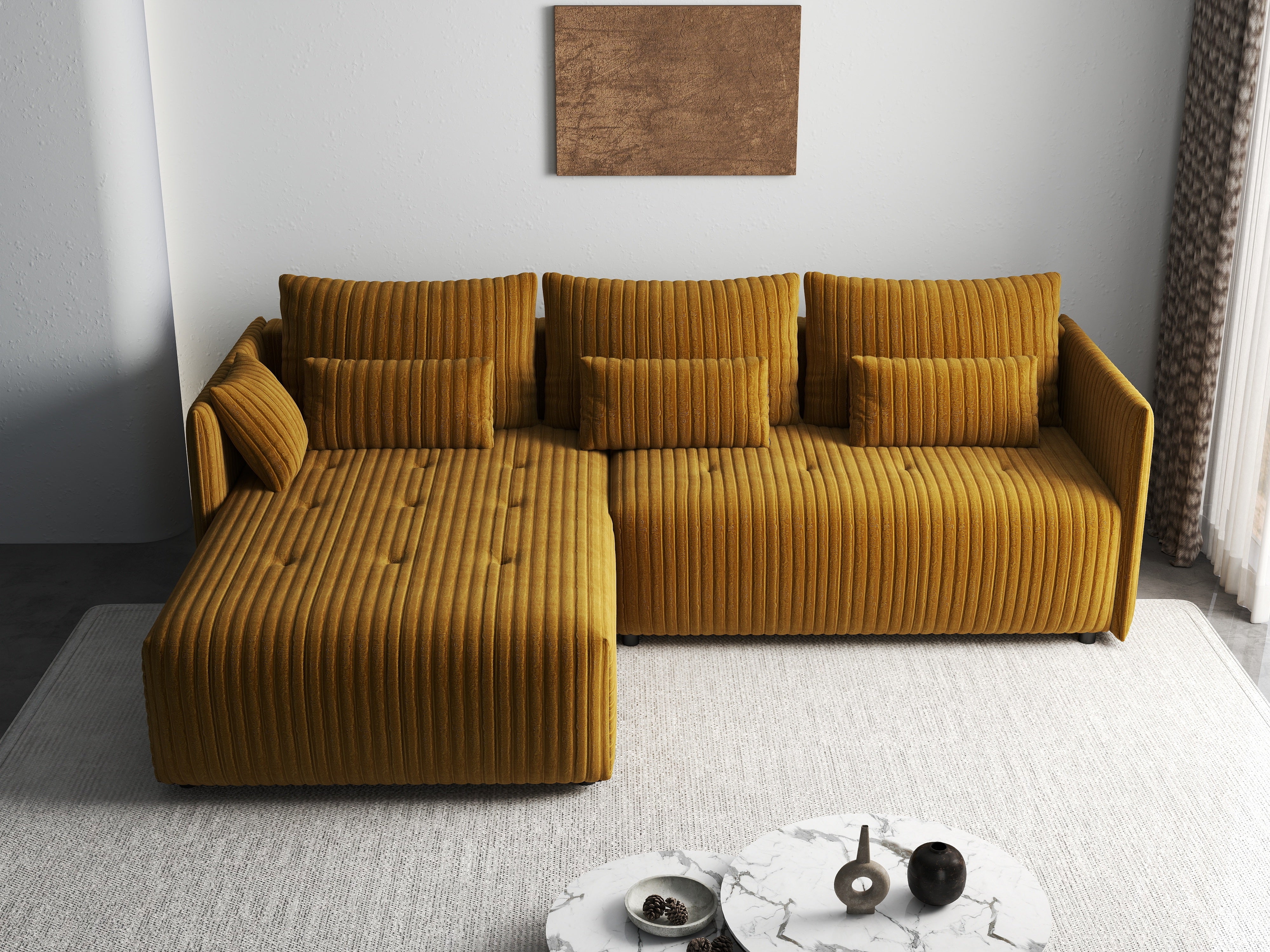 Colțar extensibil dumonde cu ladă de depozitare si sezut confortabil din spuma HR, Malta Ambience Mustard 235x185 cm Fabrica