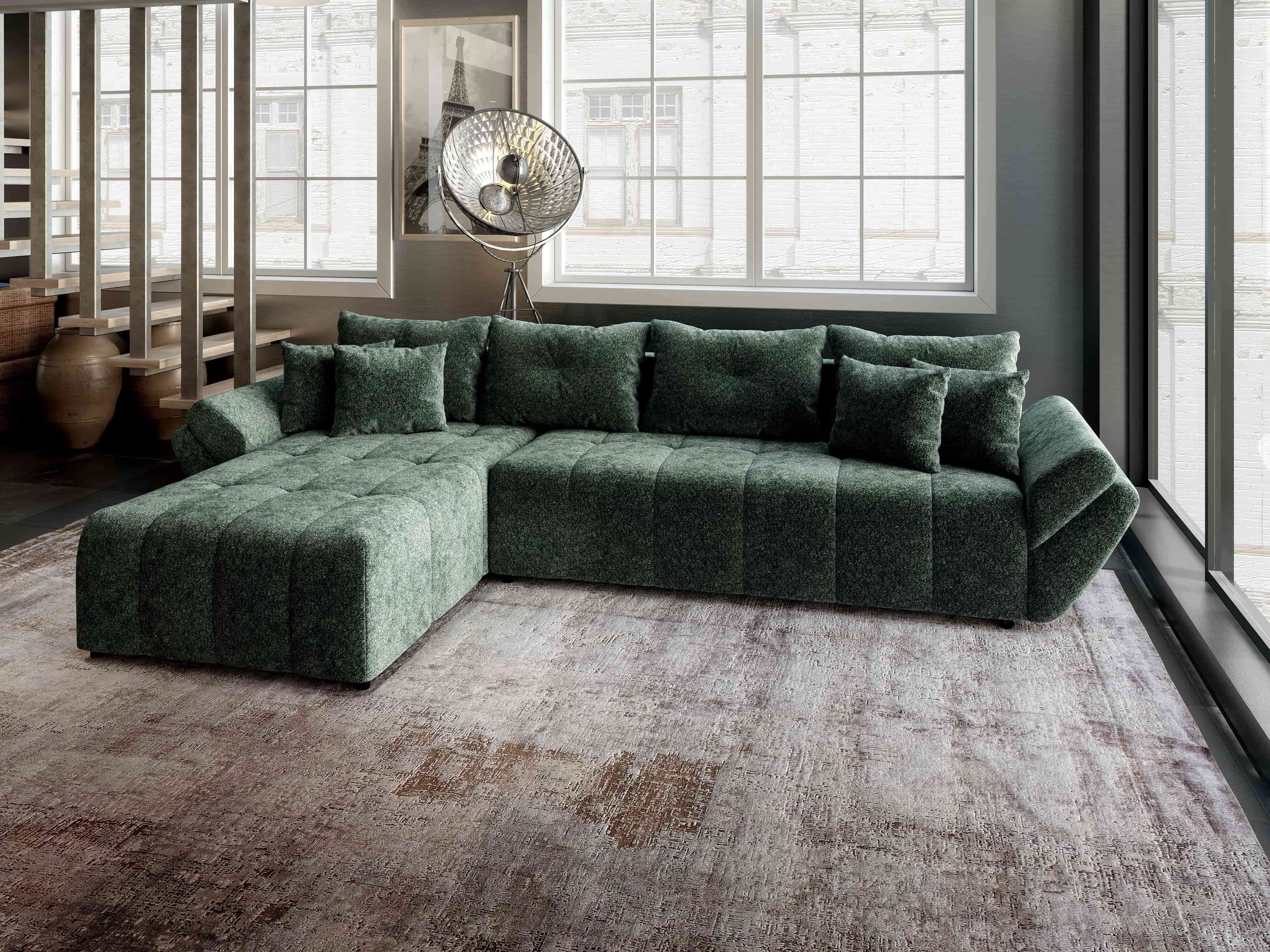 Colțar extensibil dumonde cu ladă de depozitare si sezut confortabil din spuma HR, Berlin XL Euphoria Green 350x185 cm Fabrica