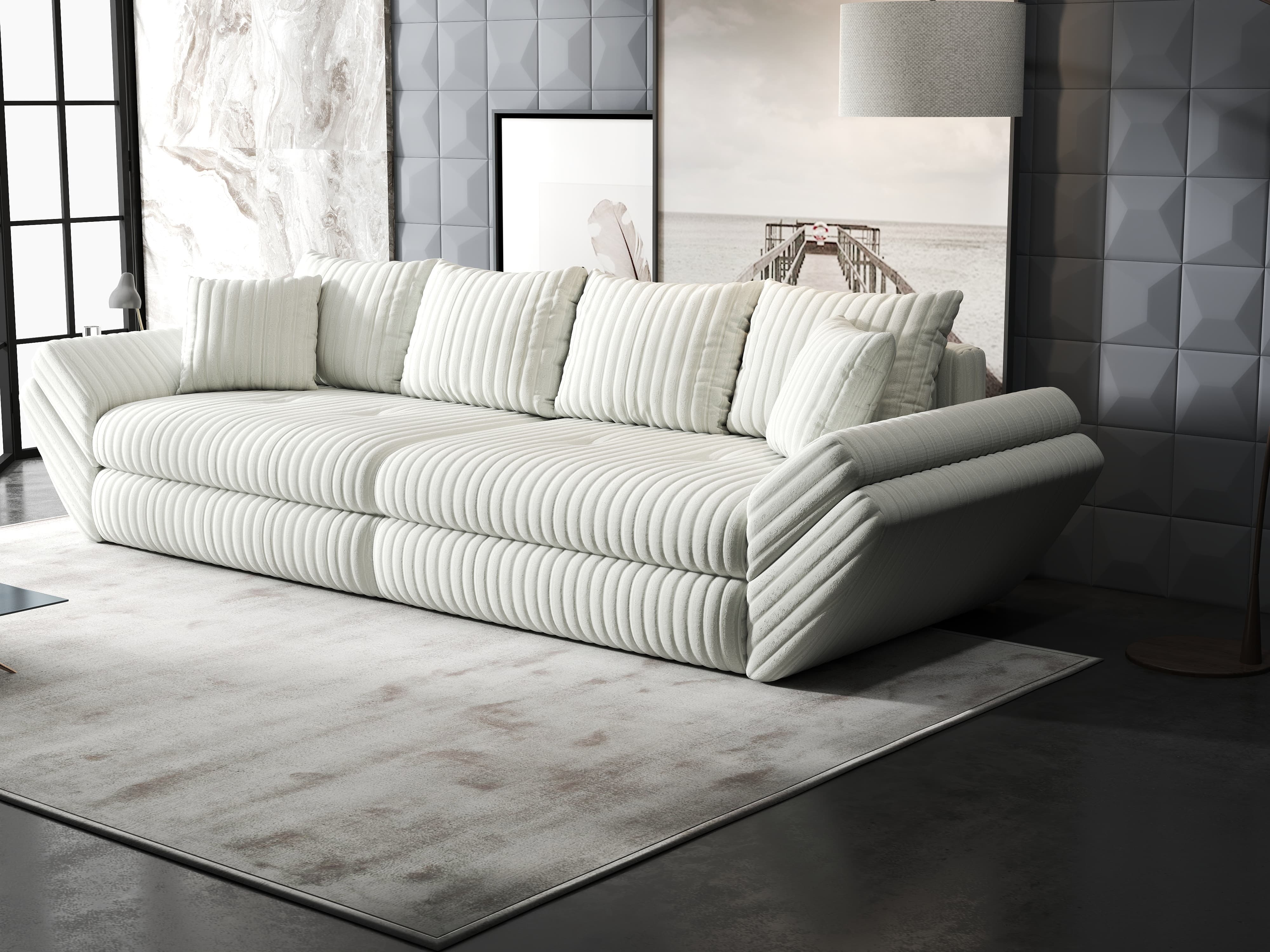 Canapea extensibilă dumonde cu ladă de depozitare si sezut confortabil din spuma HR, Loana Ambience Ivory 300x100 cm Fabrica