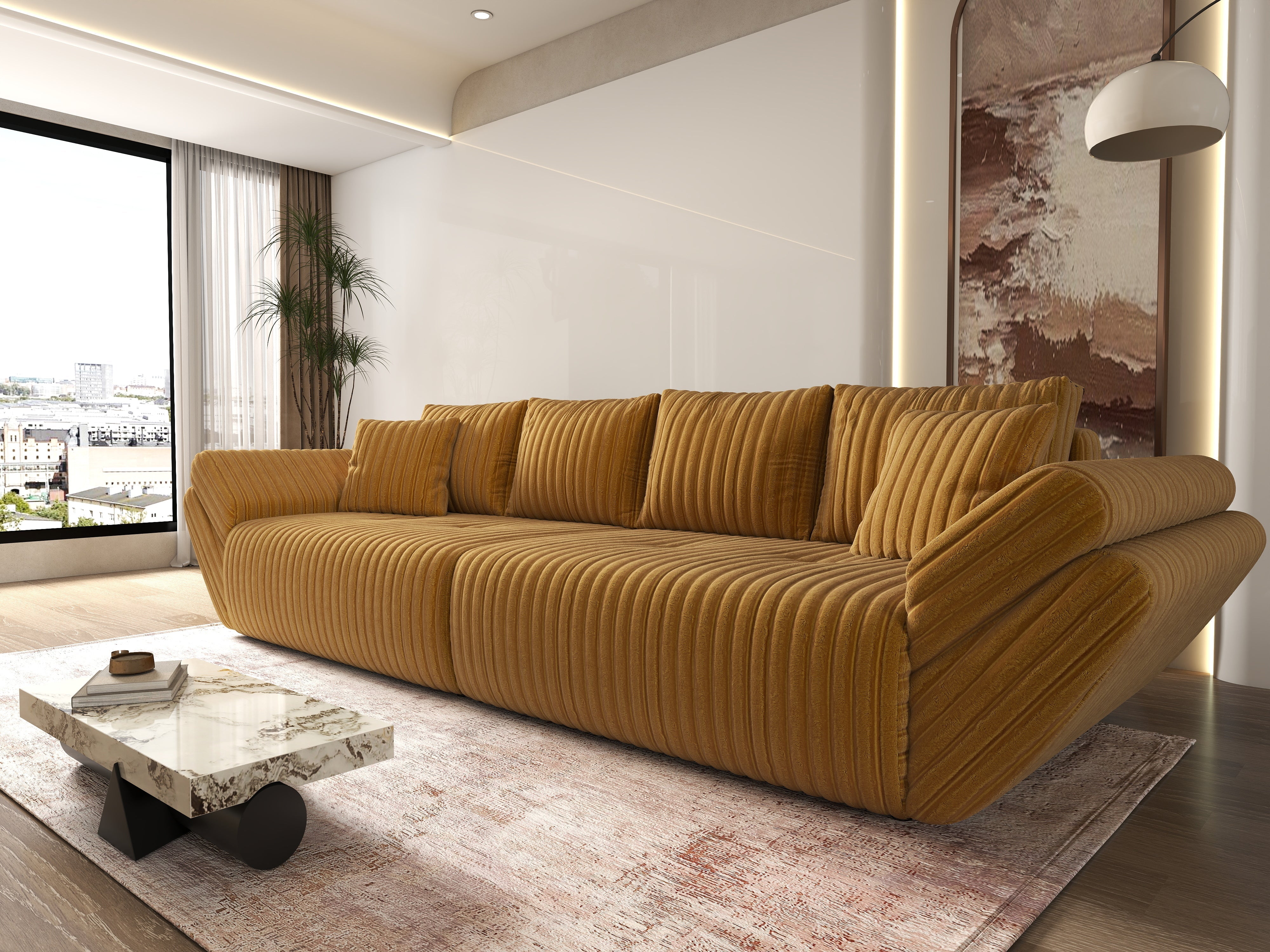 Canapea extensibilă dumonde cu ladă de depozitare si sezut confortabil din spuma HR, Berlin Ambience Mustar 300x100 cm Fabrica