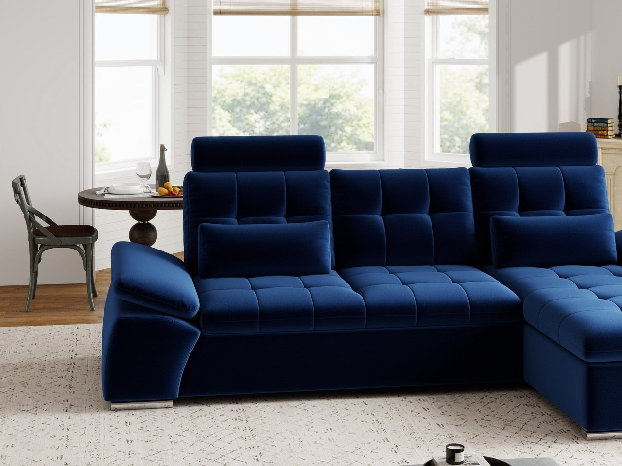 Colțar extensibil dumonde cu ladă de depozitare și șezut confortabil din spumă HR, Merkur Royal Albastru Navy 270x168 cm II