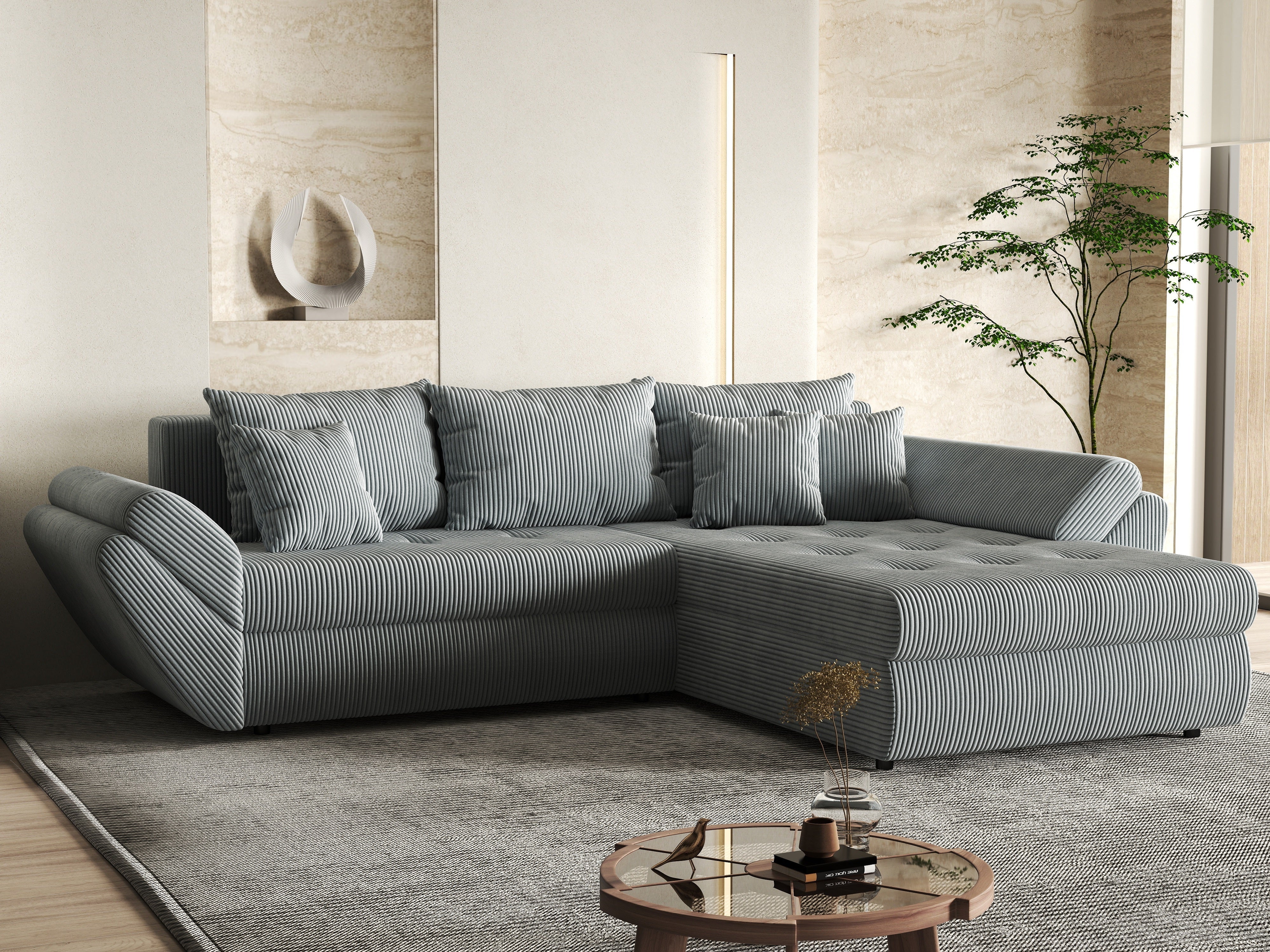 Colțar extensibil dumonde cu ladă de depozitare si sezut confortabil din spuma HR, Loana Zoom Grey II 270x185 cm Fabrica