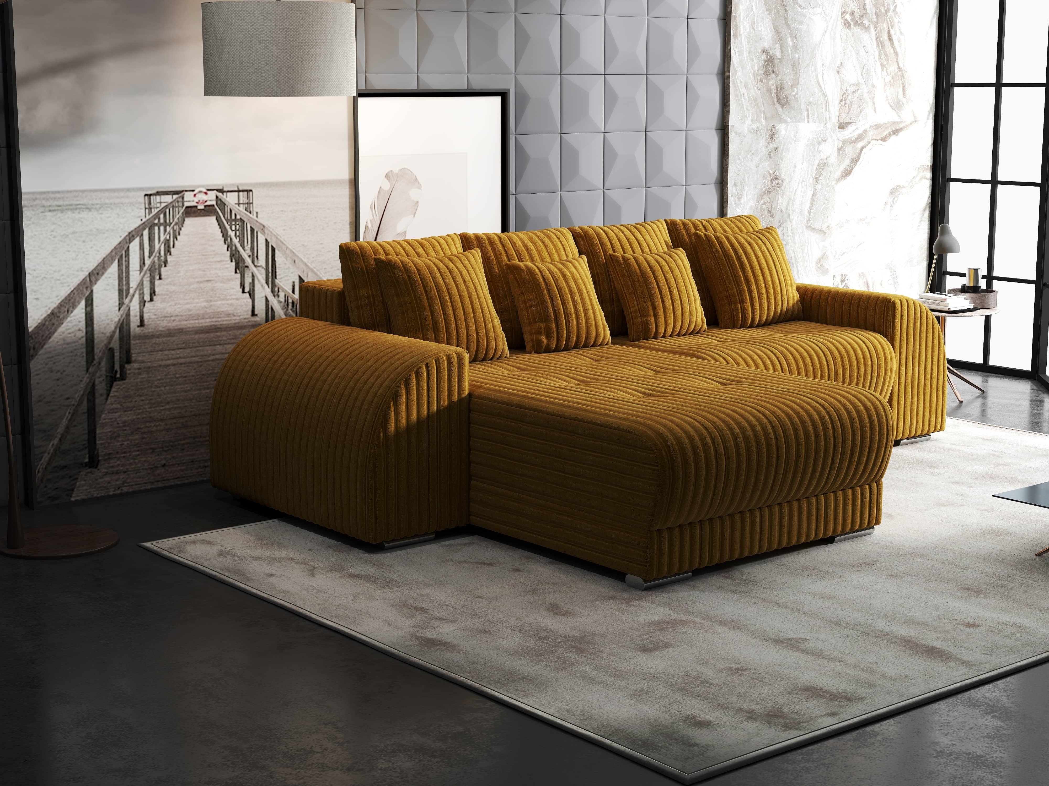 Colțar extensibil dumonde cu ladă de depozitare si sezut confortabil din spuma HR, Verona Ambience Mustar 290x185 cm Fabrica