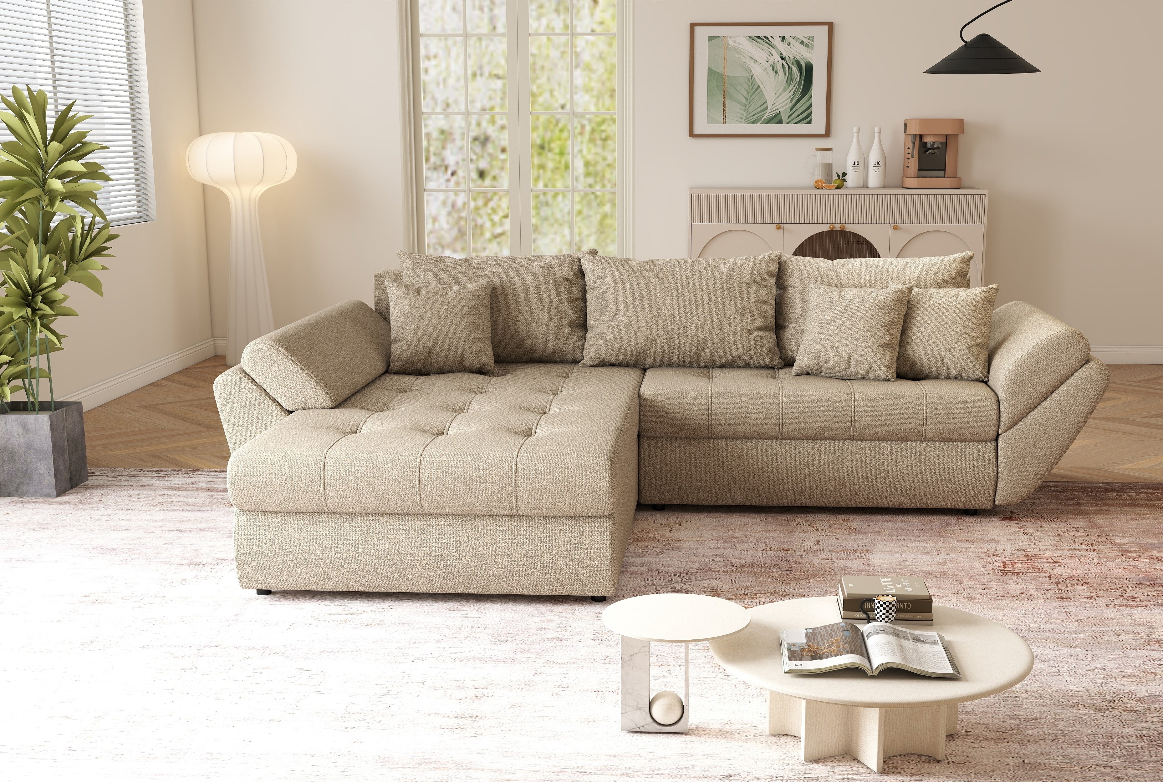 Colțar extensibil dumonde cu ladă de depozitare si sezut confortabil din spuma HR, Loana Enjoy Camel 270x185 cm Fabrica