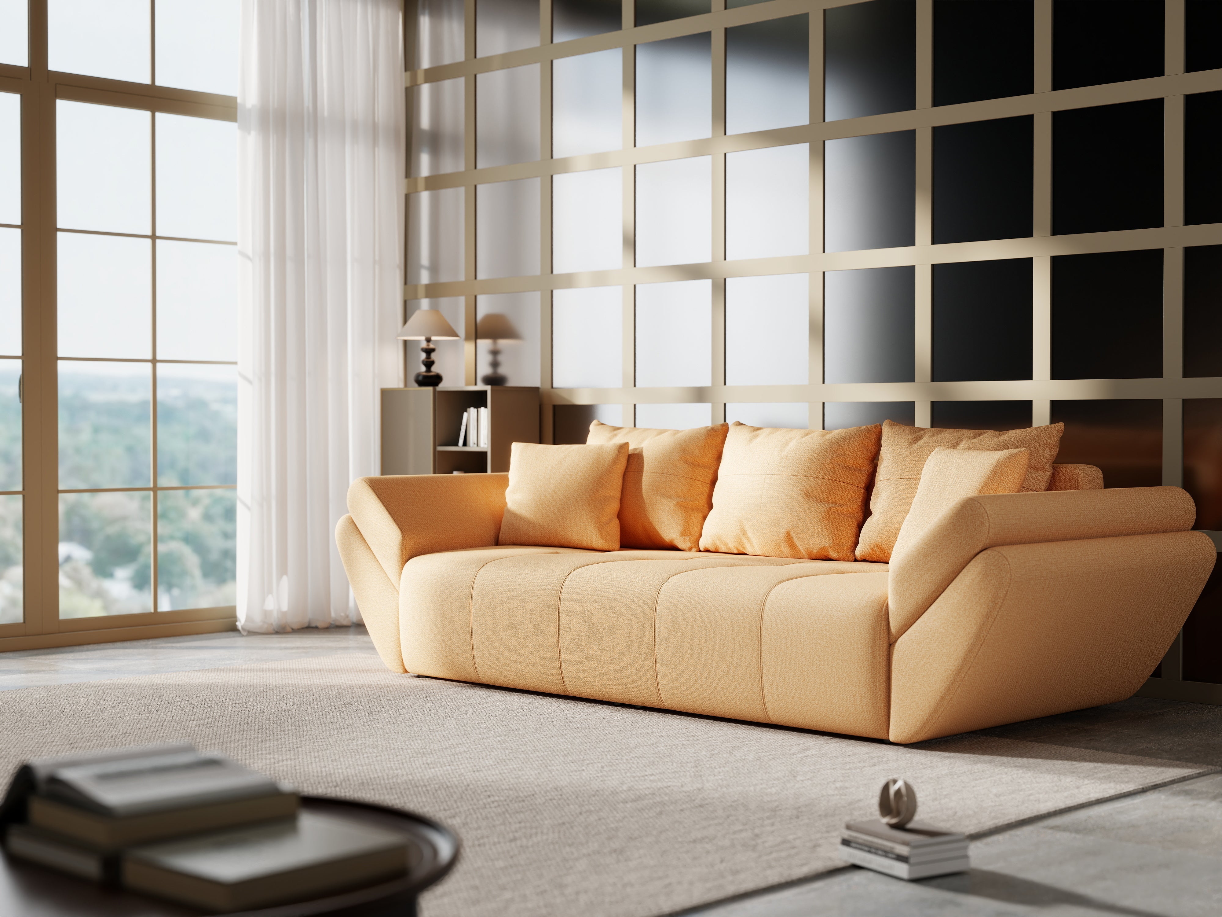 Canapea extensibilă dumonde cu ladă de depozitare si sezut confortabil din spuma HR, Berlin Enjoy Mango 250x100 cm Fabrica