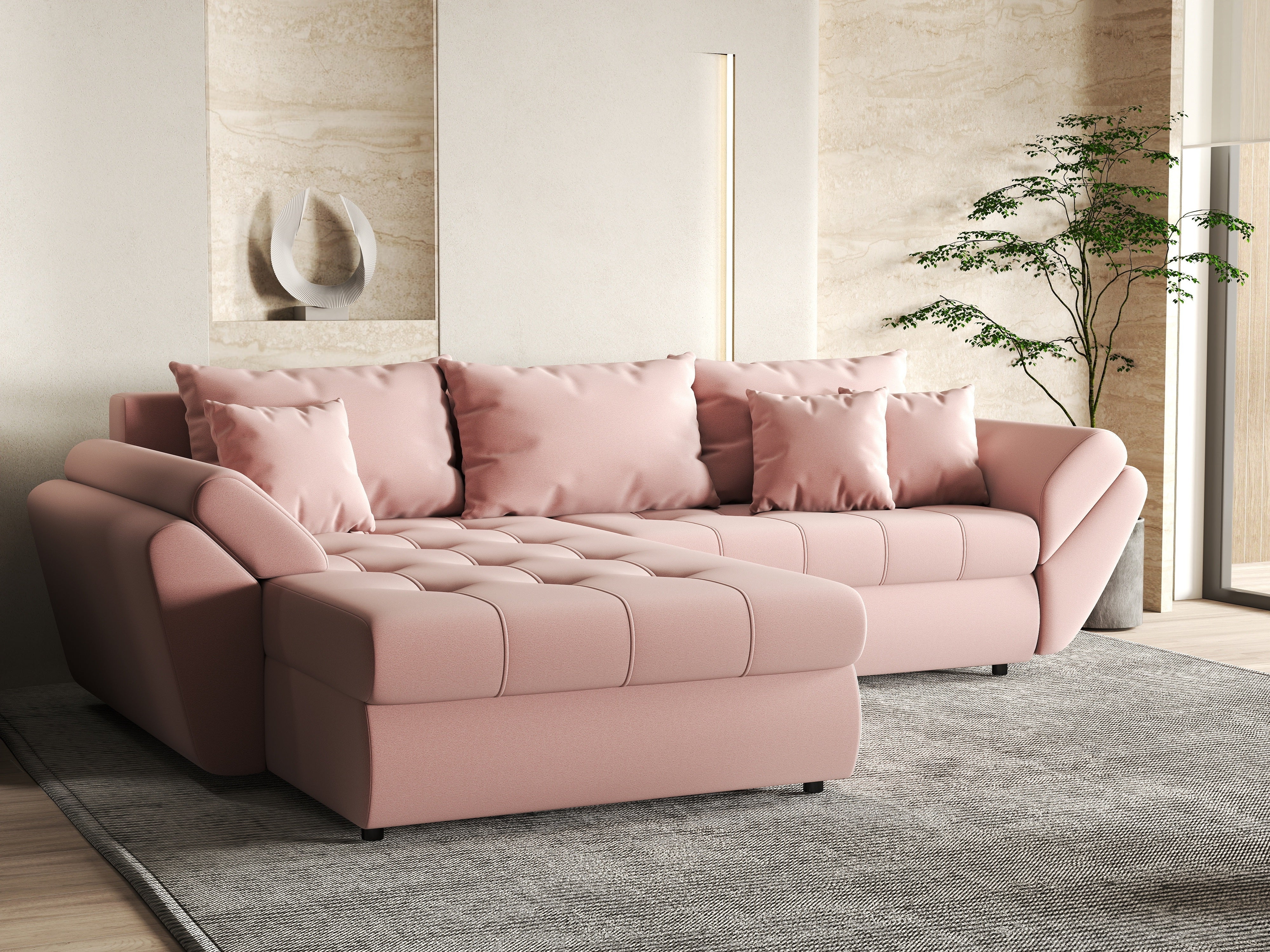 Colțar extensibil dumonde cu ladă de depozitare si sezut confortabil din spuma HR, Loana Royal Pink 270x185 cm Fabrica