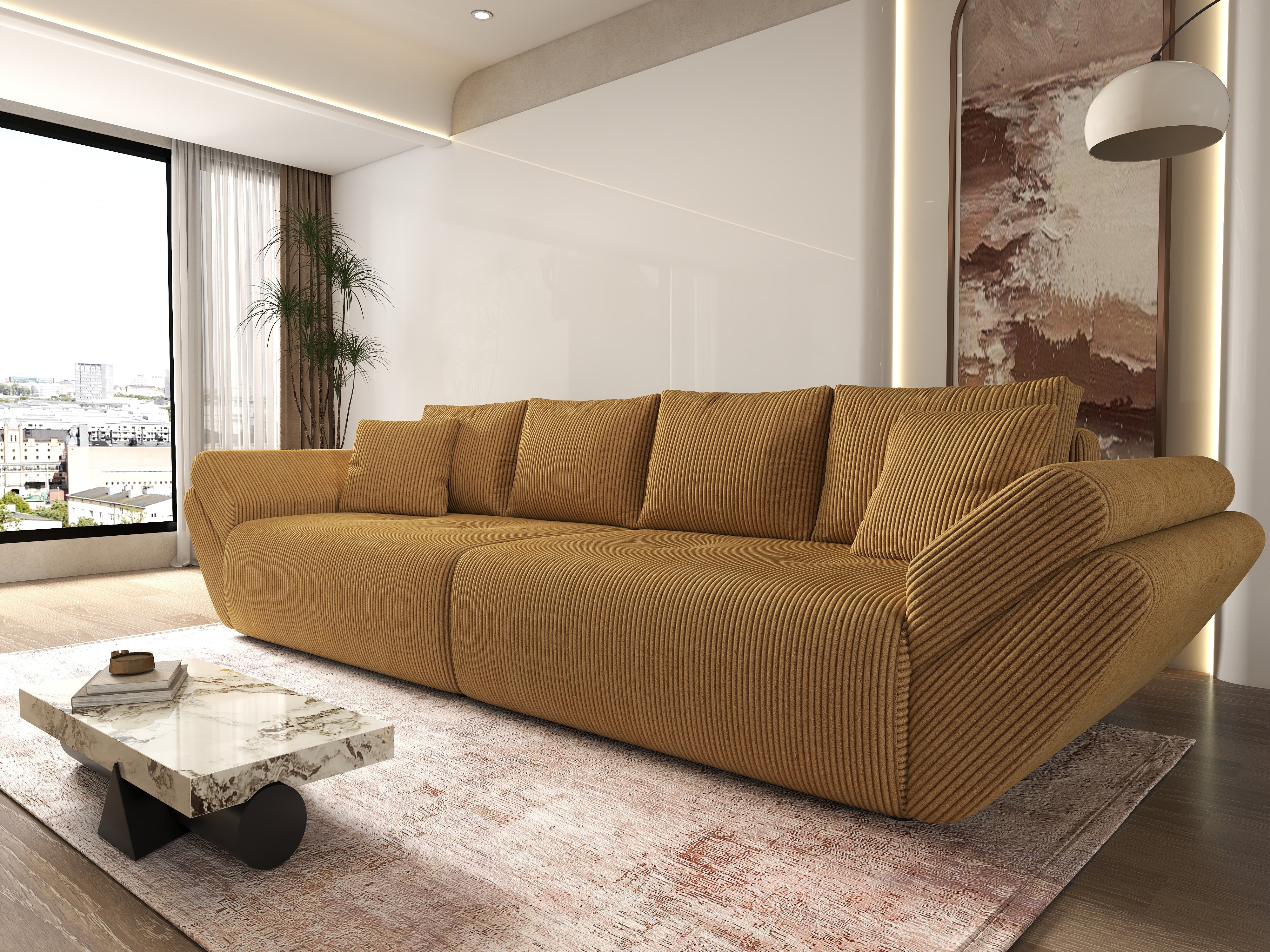 Canapea extensibilă dumonde cu ladă de depozitare si sezut confortabil din spuma HR, Berlin Zoom Mustar 300x100 cm Fabrica