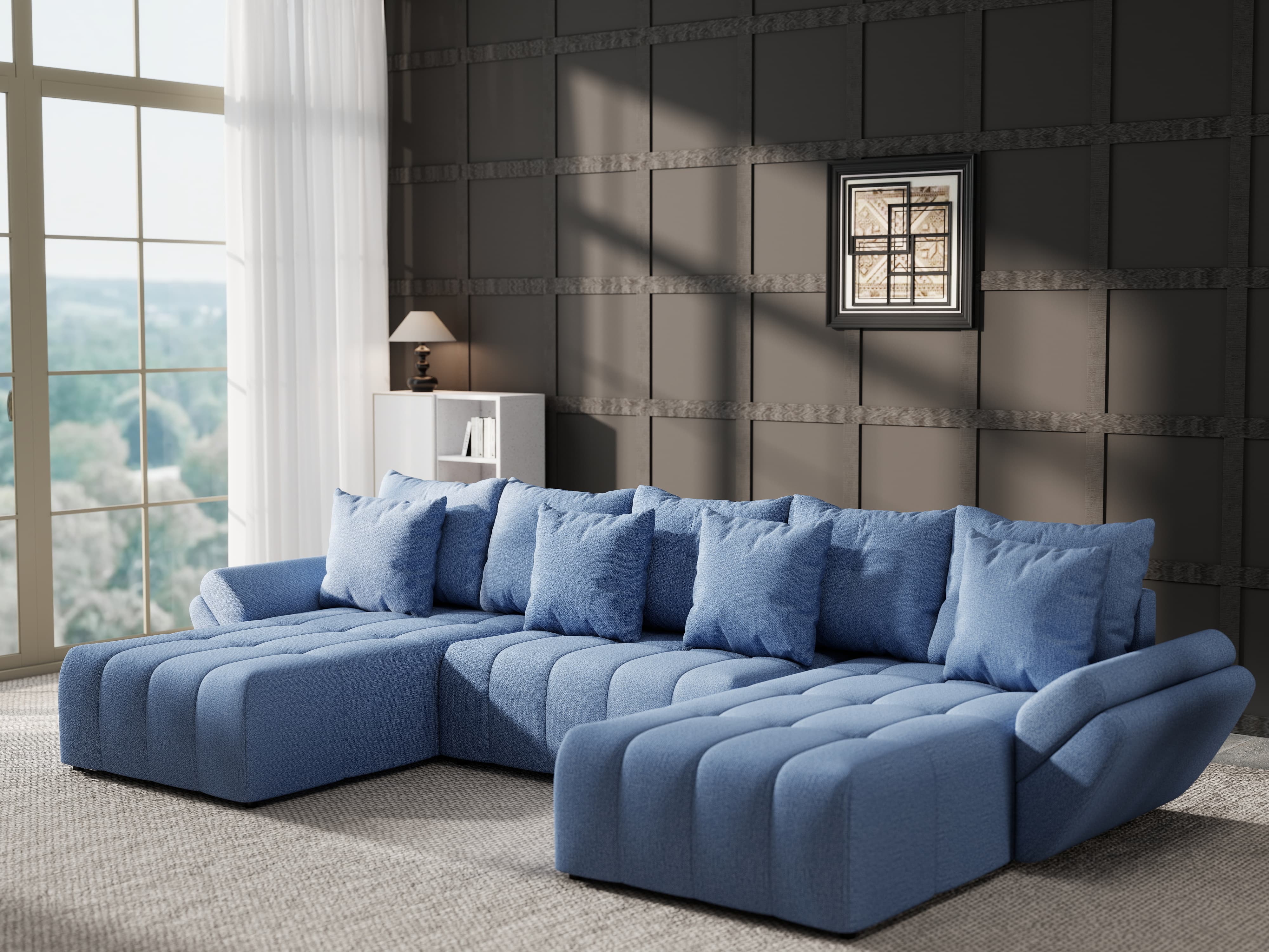 Colțar extensibil dumonde cu ladă de depozitare si sezut confortabil din spuma HR, Berlin U Enjoy Blue 380x180 cm Fabrica