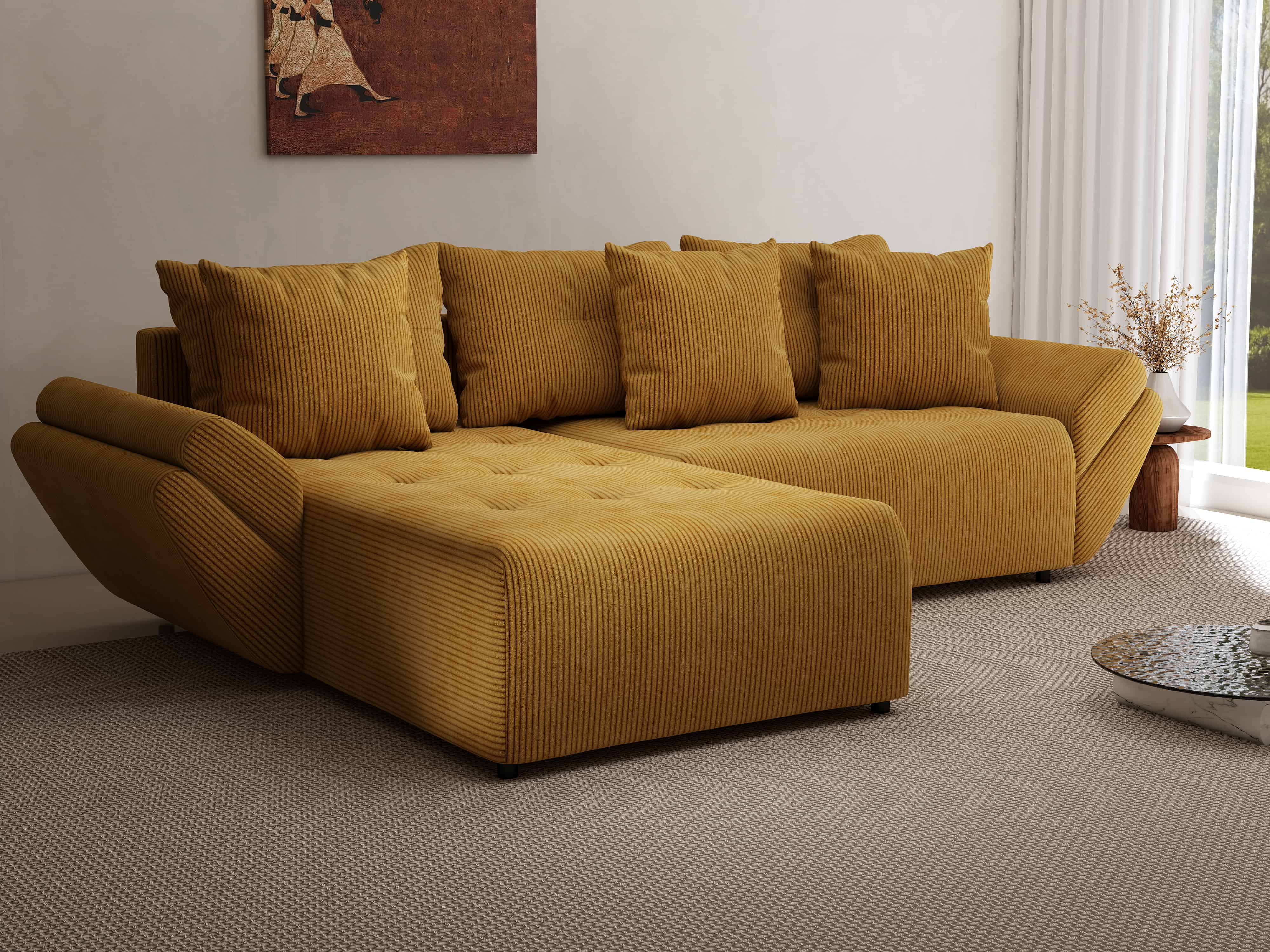 Colțar extensibil dumonde cu ladă de depozitare si sezut confortabil din spuma HR, Berlin Zoom Mustar 280x185 cm Fabrica