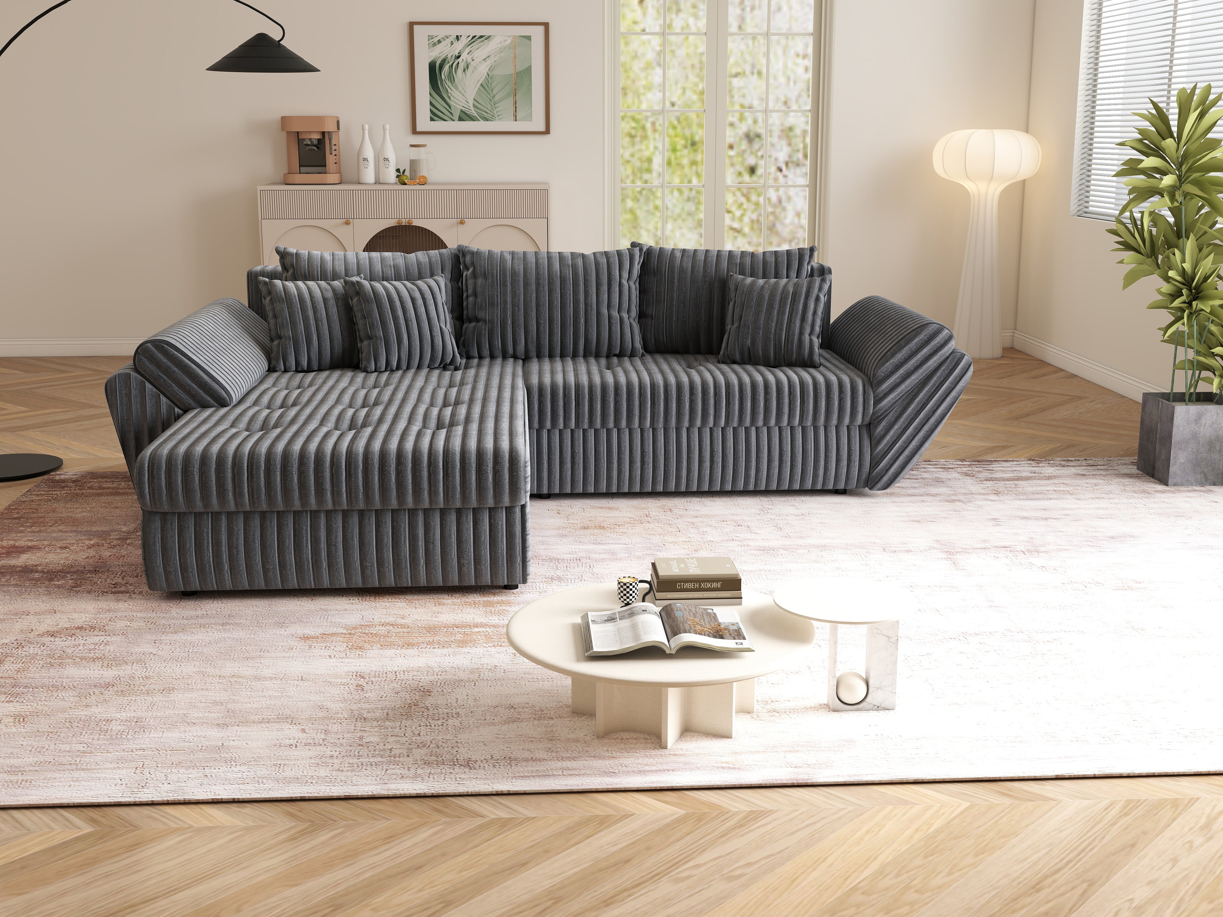 Colțar extensibil dumonde cu ladă de depozitare si sezut confortabil din spuma HR, Loana Ambience Antracit 270x185 cm Fabrica