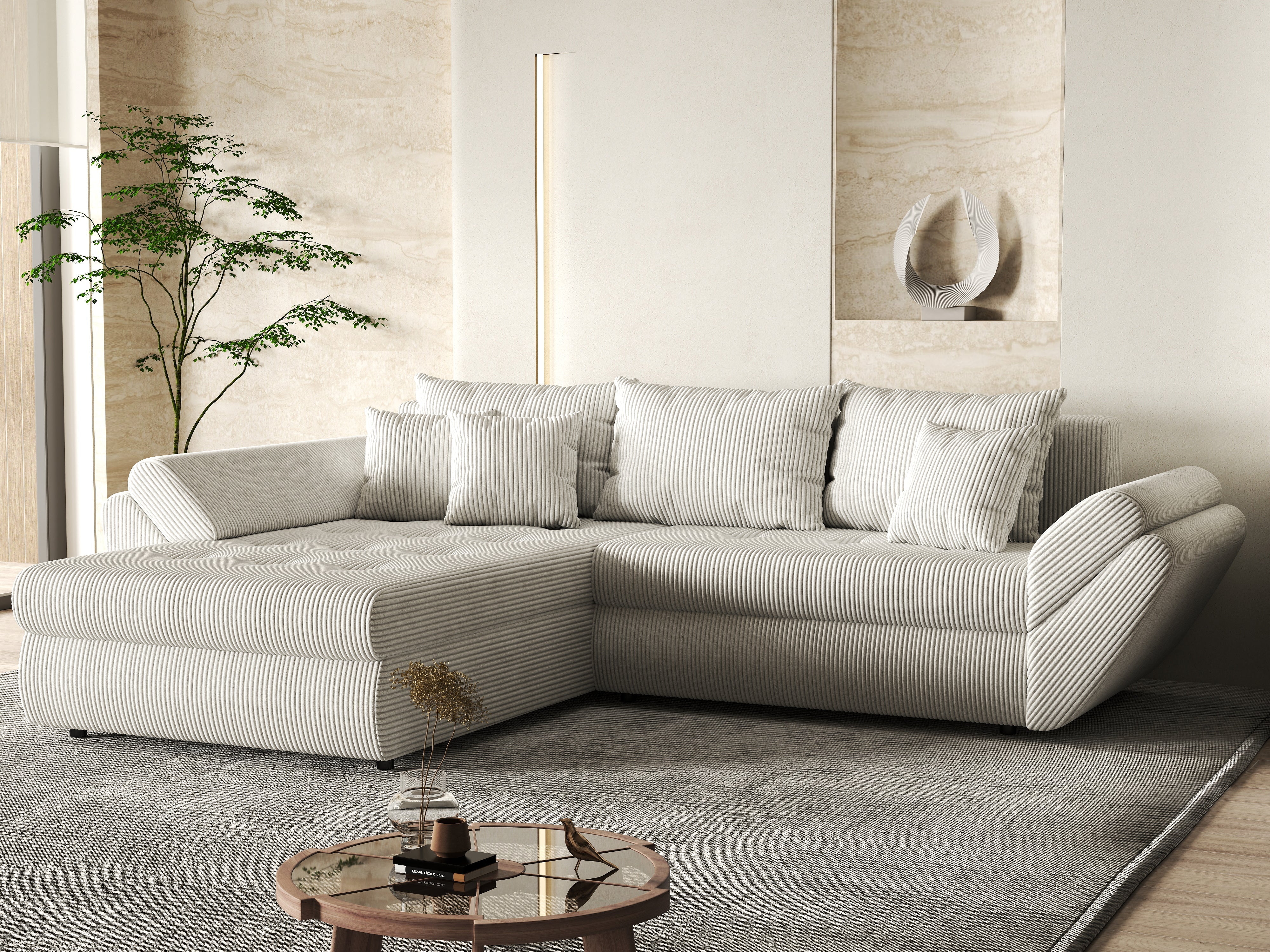 Colțar extensibil dumonde cu ladă de depozitare si sezut confortabil din spuma HR, Loana Zoom Crem 270x185 cm Fabrica