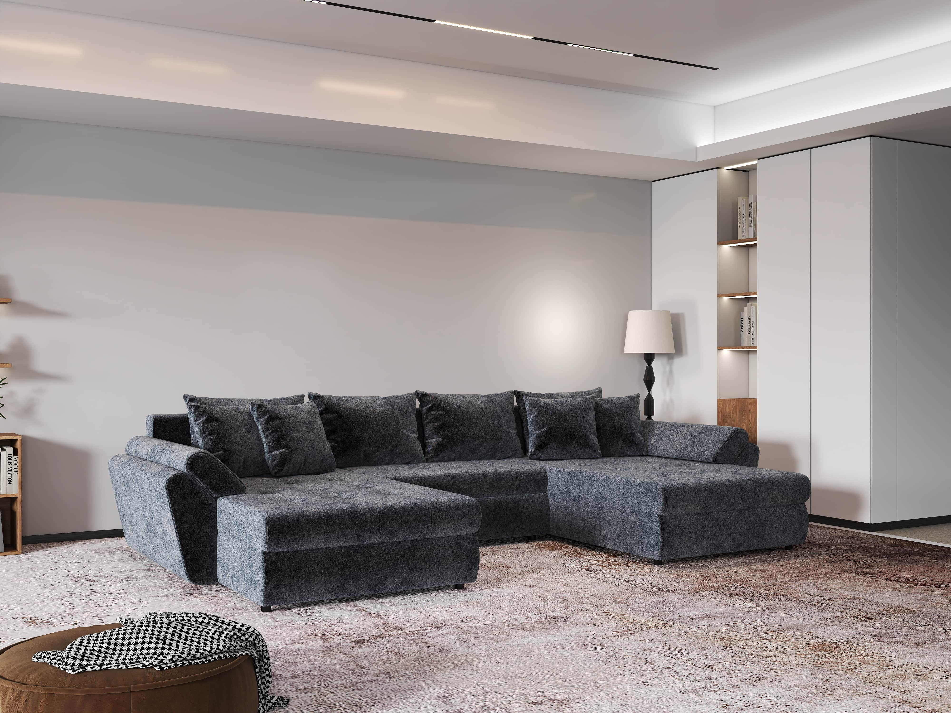 Colțar extensibil dumonde cu ladă de depozitare si sezut confortabil din spuma HR, Loana U Euphoria Grafit 355x185 cm Fabrica