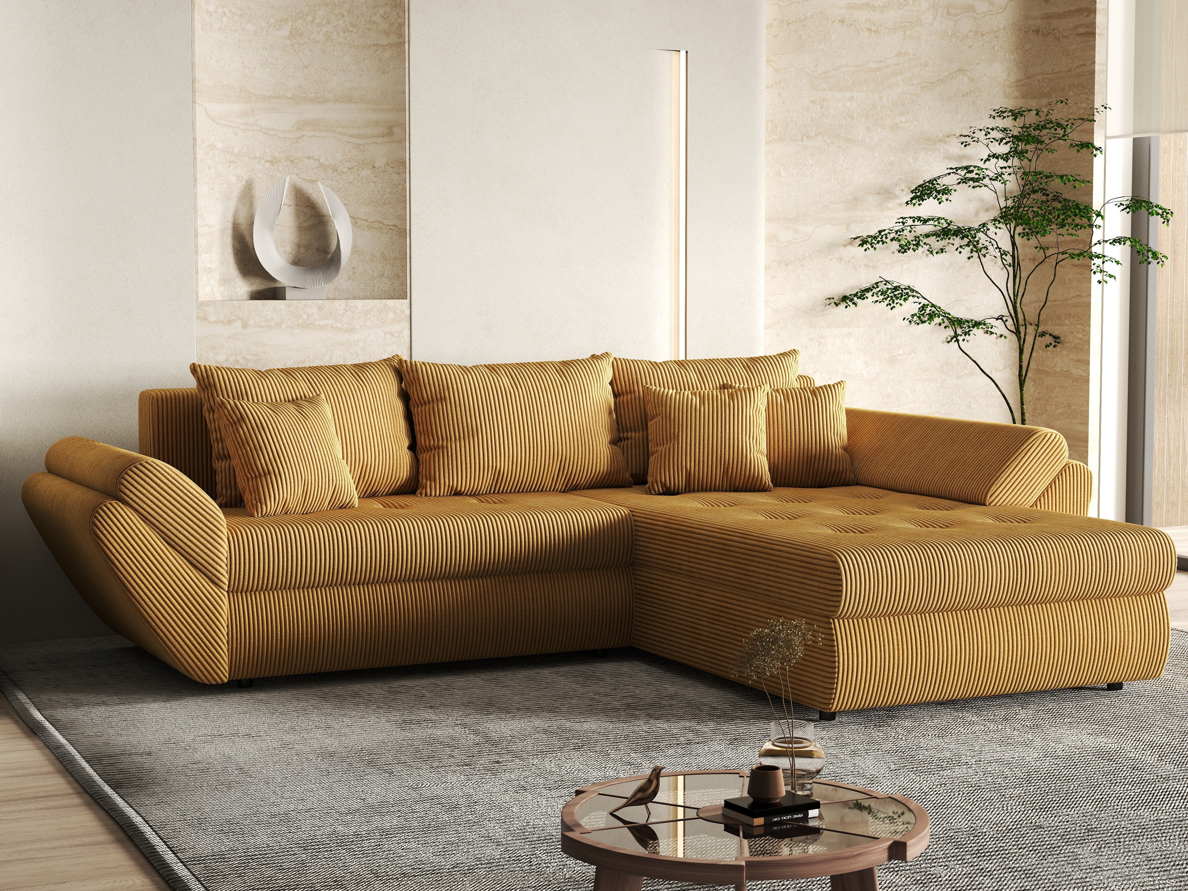 Colțar extensibil dumonde cu ladă de depozitare si sezut confortabil din spuma HR, Loana Zoom Mustar II 270x185 cm Fabrica