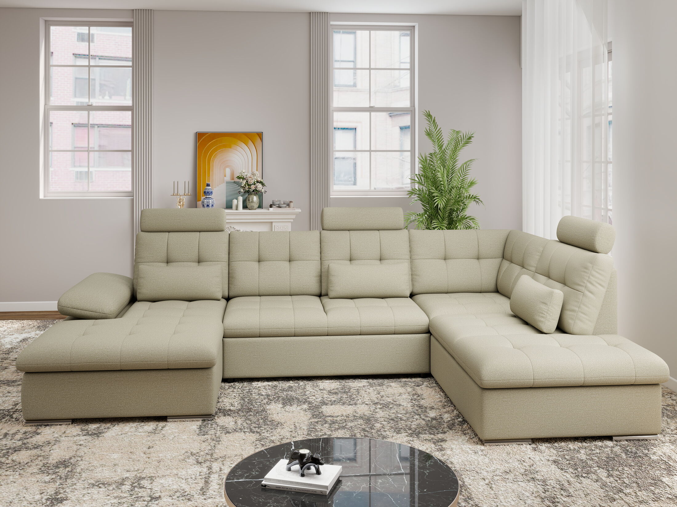 Colțar extensibil dumonde cu ladă de depozitare și șezut confortabil din spumă HR, Merkur U Enjoy Bej 324x218 cm