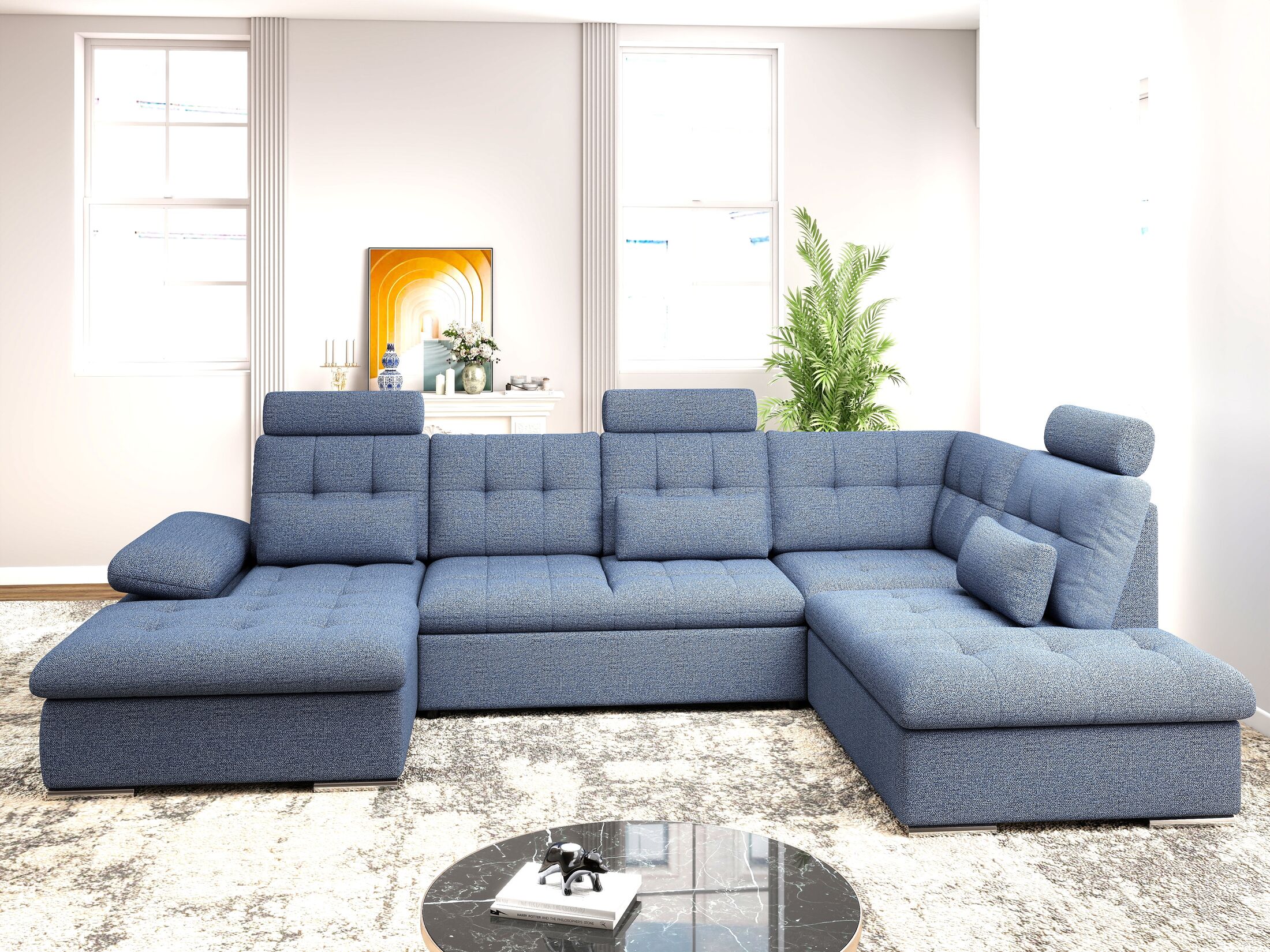 Colțar extensibil dumonde cu ladă de depozitare și șezut confortabil din spumă HR, Merkur U Enjoy Albastru 324x218 cm