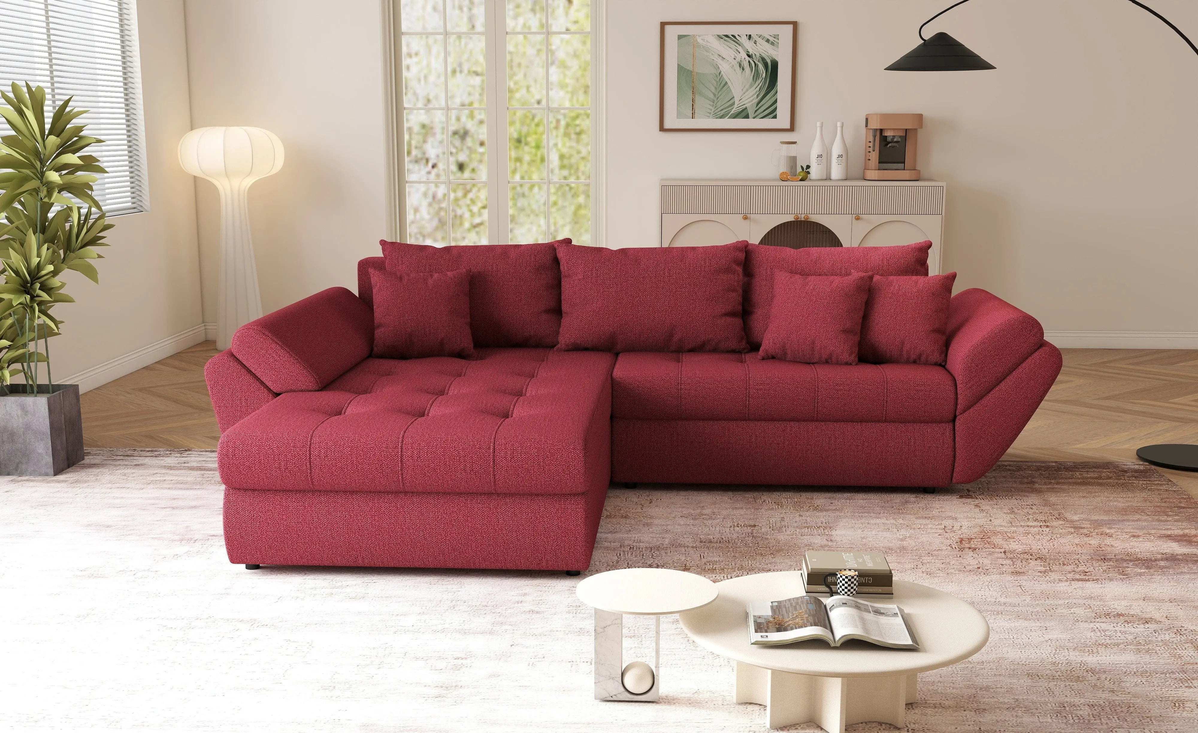 Colțar extensibil dumonde cu ladă de depozitare si sezut confortabil din spuma HR, Loana Bordoux 270x185 cm Fabrica