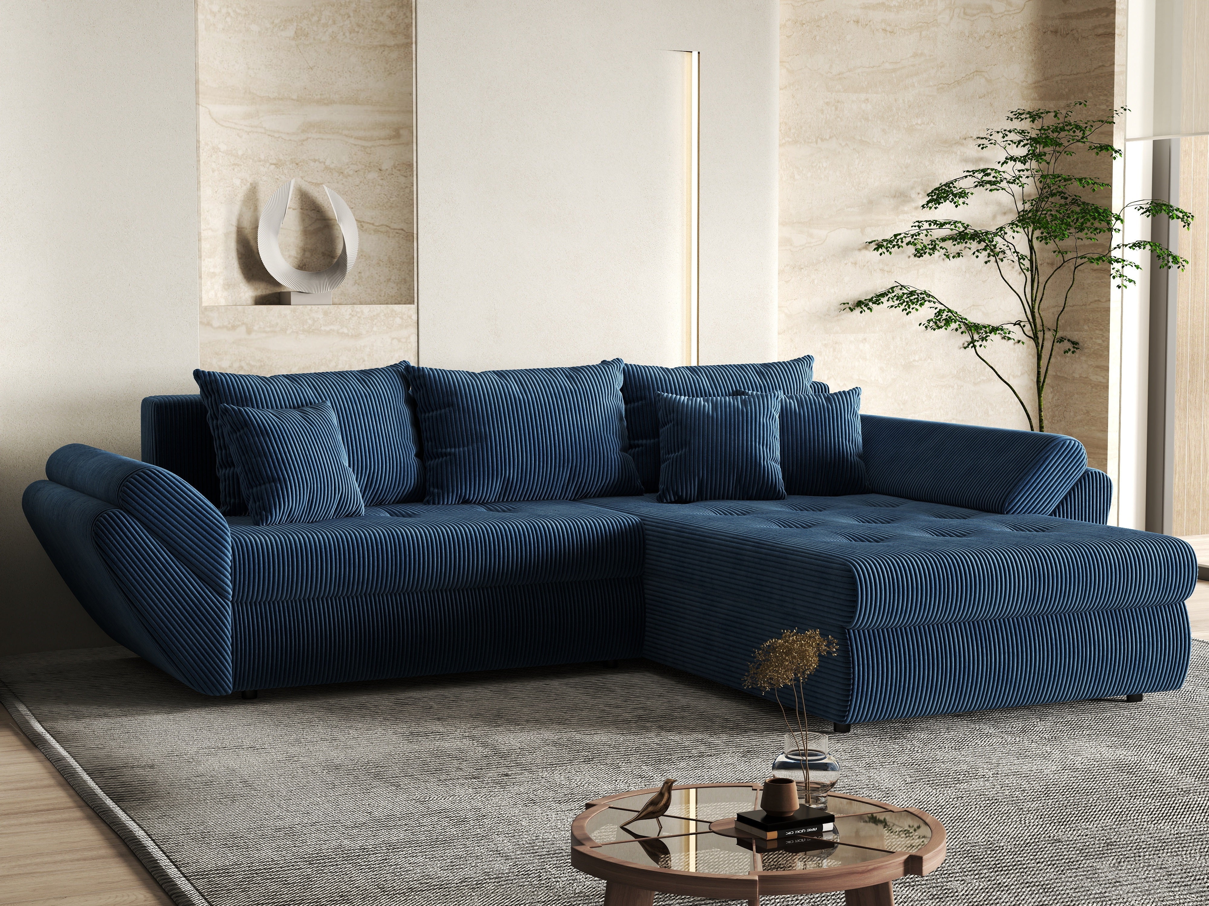 Colțar extensibil dumonde cu ladă de depozitare si sezut confortabil din spuma HR, Loana Zoom Blue II 270x185 cm Fabrica