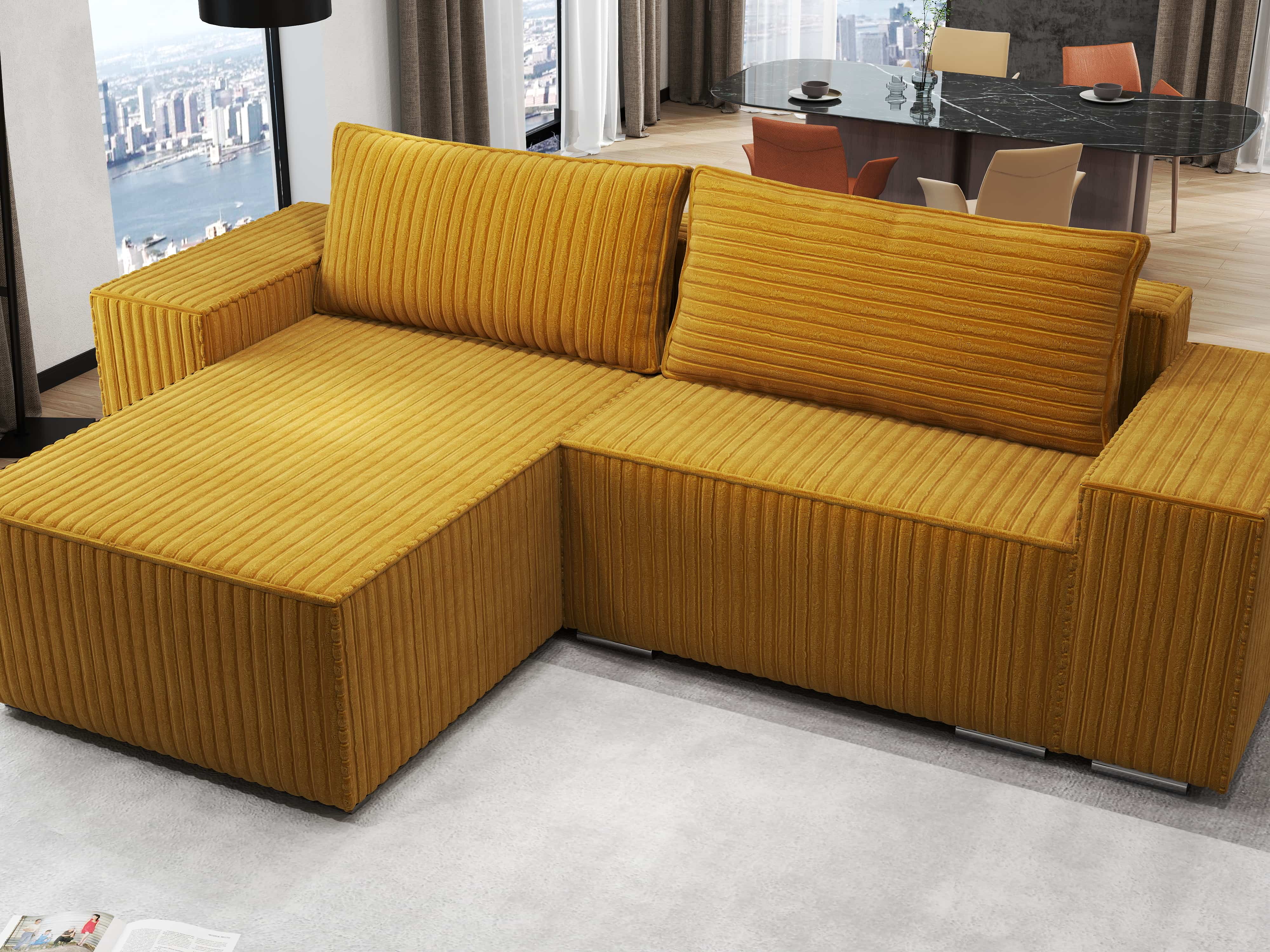 Colțar extensibil dumonde cu ladă de depozitare si sezut confortabil din spuma HR, Dream Ambience Mustar 290x185 cm Fabrica