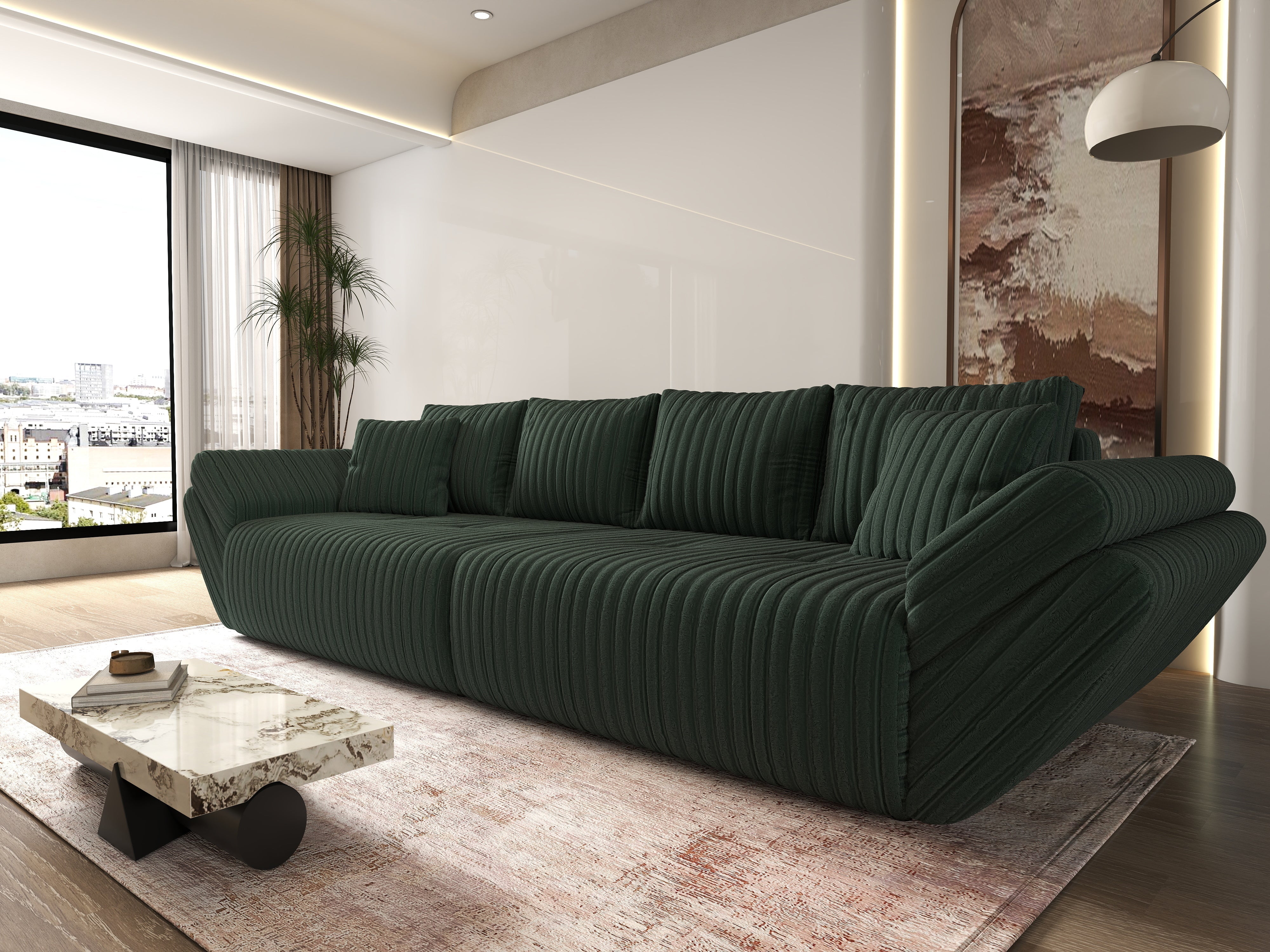 Canapea extensibilă dumonde cu ladă de depozitare si sezut confortabil din spuma HR, Berlin Ambience Green 300x100 cm Fabrica