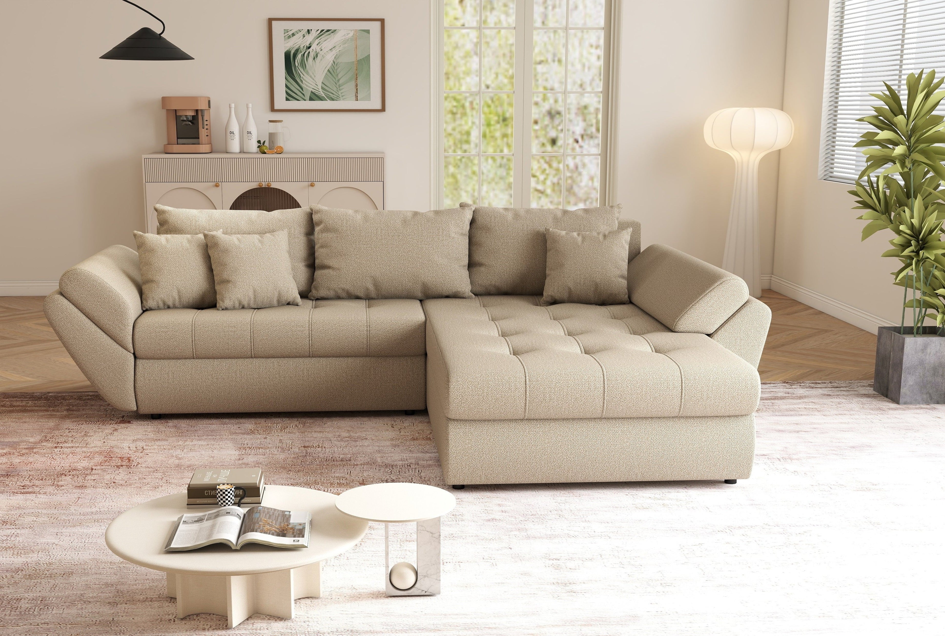 Colțar extensibil dumonde cu ladă de depozitare si sezut confortabil din spuma HR, Loana Enjoy Camel II 270x185 cm Fabrica