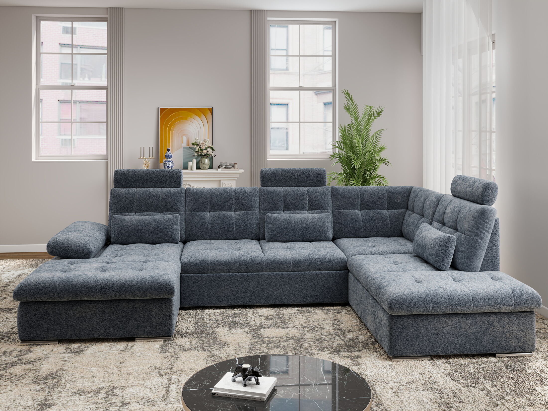 Colțar extensibil dumonde cu ladă de depozitare și șezut confortabil din spumă HR, Merkur U Euphoria Gri Grafit 324x218 cm