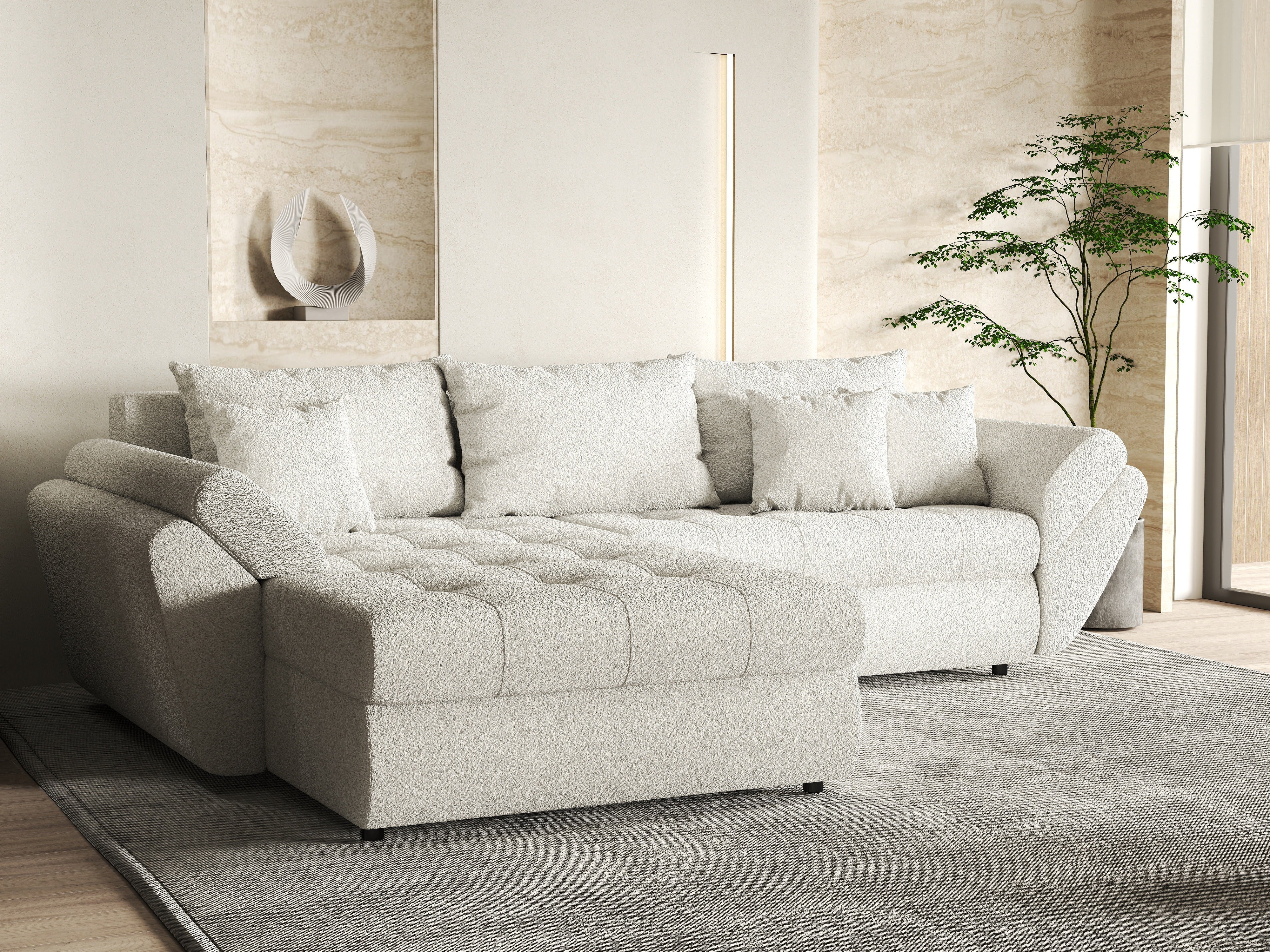 Colțar extensibil dumonde cu ladă de depozitare si sezut confortabil din spuma HR, Loana Euphoria Ivory 270x185 cm Fabrica