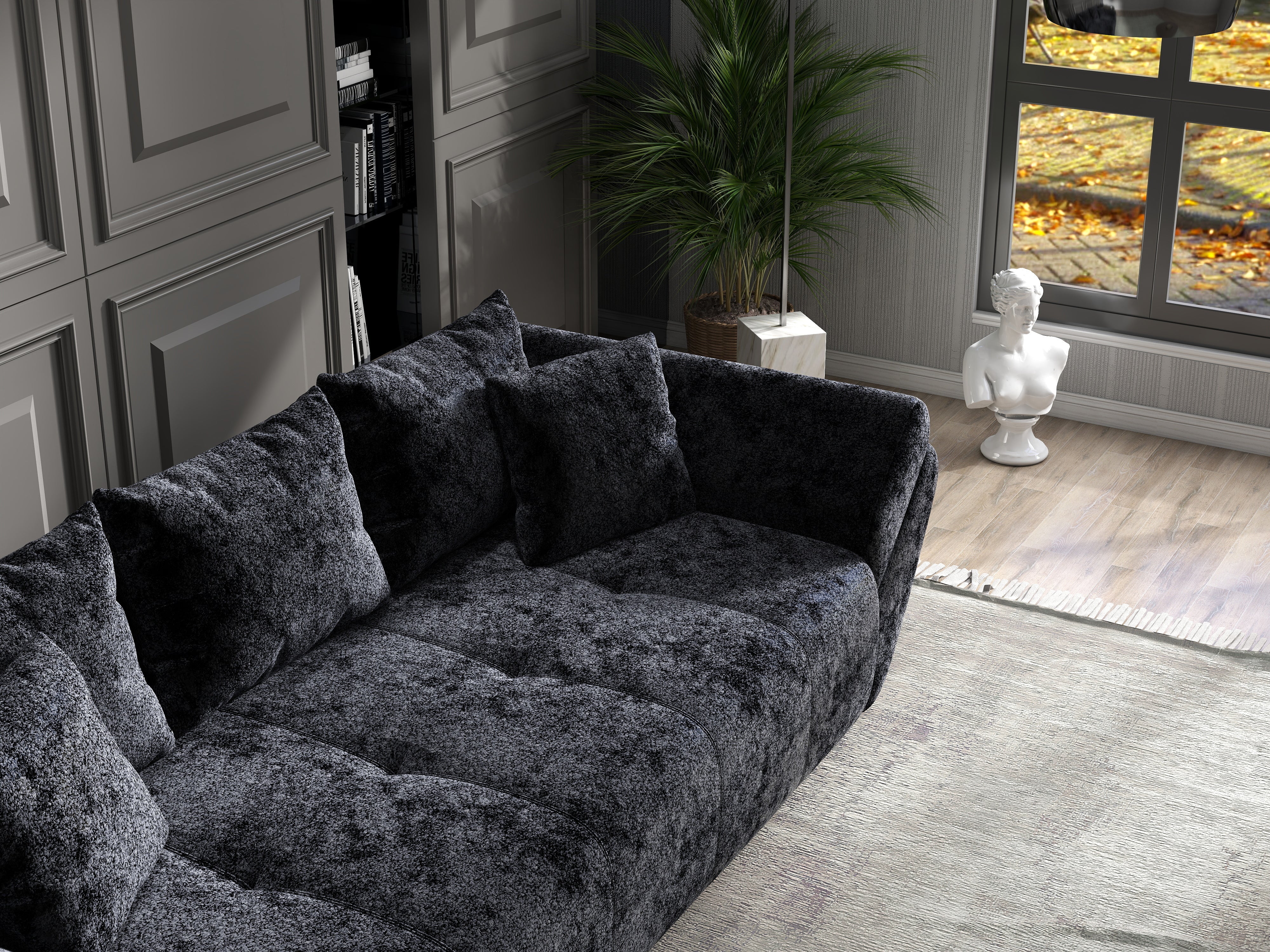 Canapea extensibilă dumonde cu ladă de depozitare si sezut confortabil din spuma HR, Berlin Euphoria Black 250x100 cm Fabrica