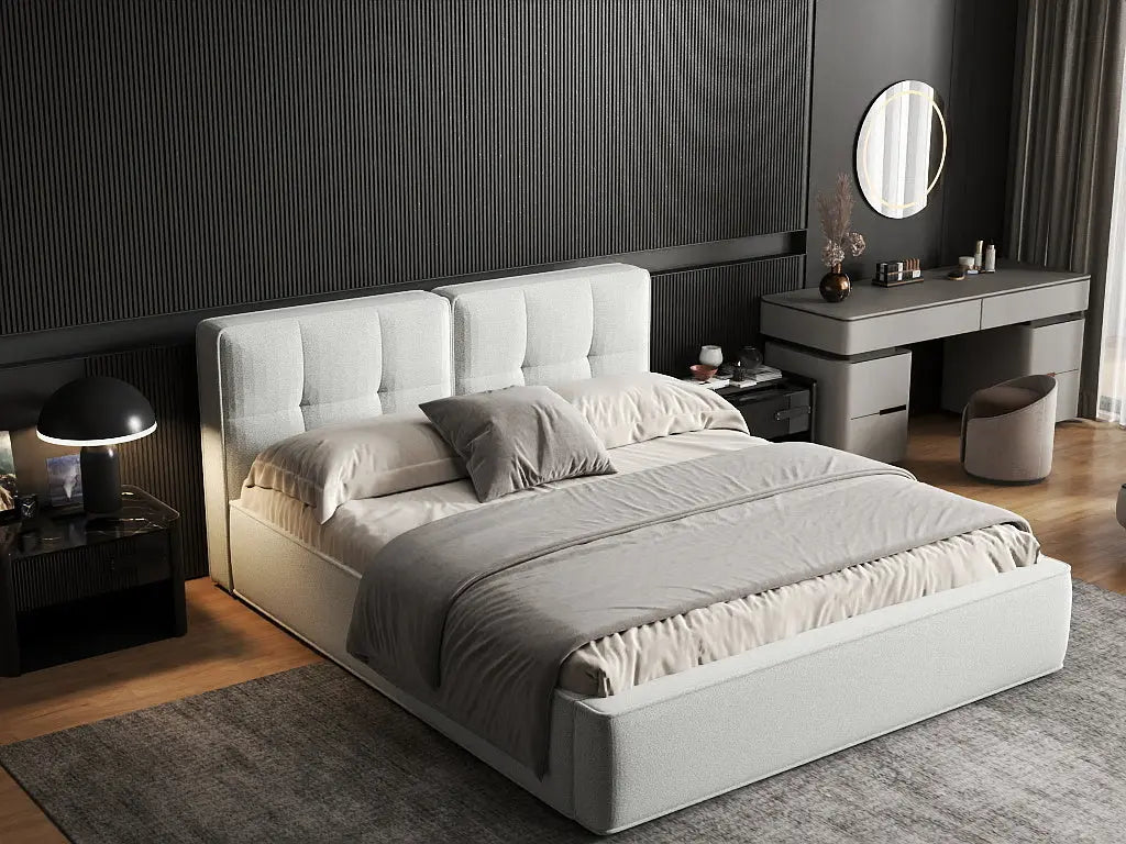 Pat dormitor dumonde, tapitat alb, Madrid 160x200 cm, somiera rabatabila inclusa, spatiu depozitare WLS