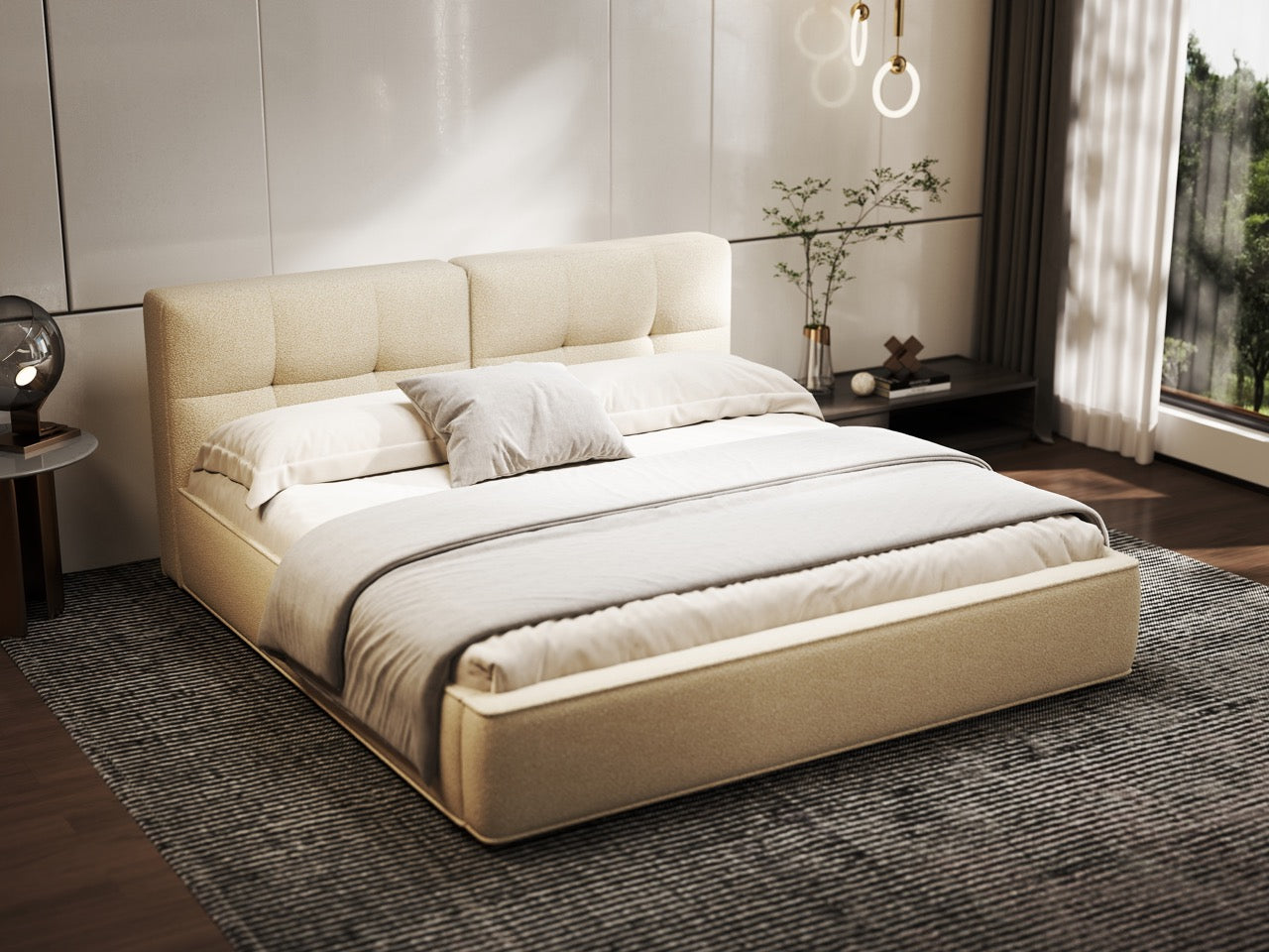 Pat dormitor dumonde, tapitat bej, Madrid 160x200 cm, somiera rabatabila inclusa, spatiu depozitare WLS