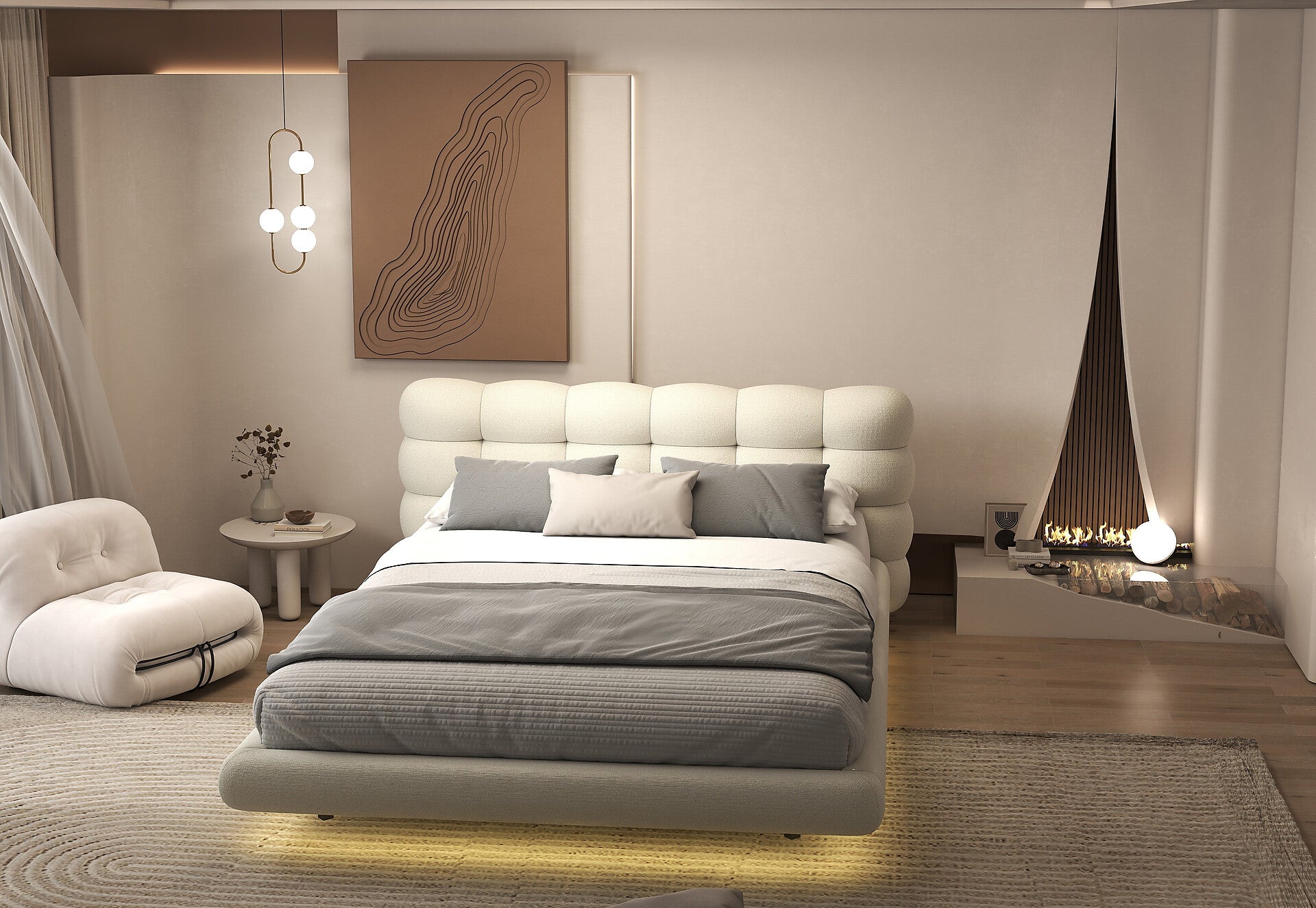Pat dormitor dumonde, tapitat alb cu LED, "floating bed" Cloud 160x200 cm, somiera inclusa