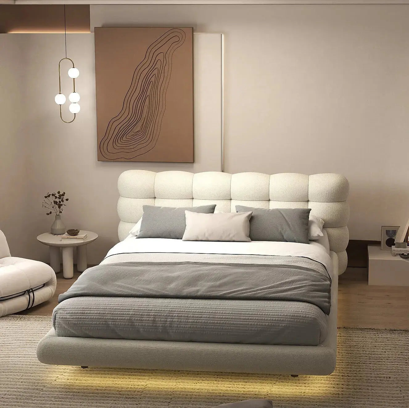 Pat dormitor dumonde, tapitat gri cu LED, "floating bed" Cloud 180x200 cm, somiera inclusa WLS