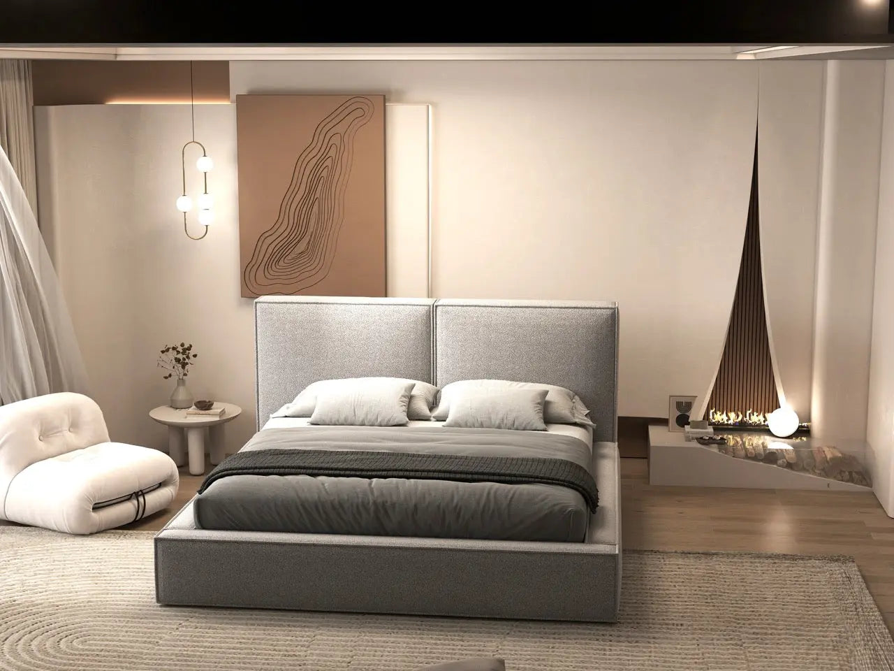 Pat dormitor dumonde, tapitat gri, Dreamer 160x200 cm, somiera rabatabila inclusa, spatiu depozitare WLS