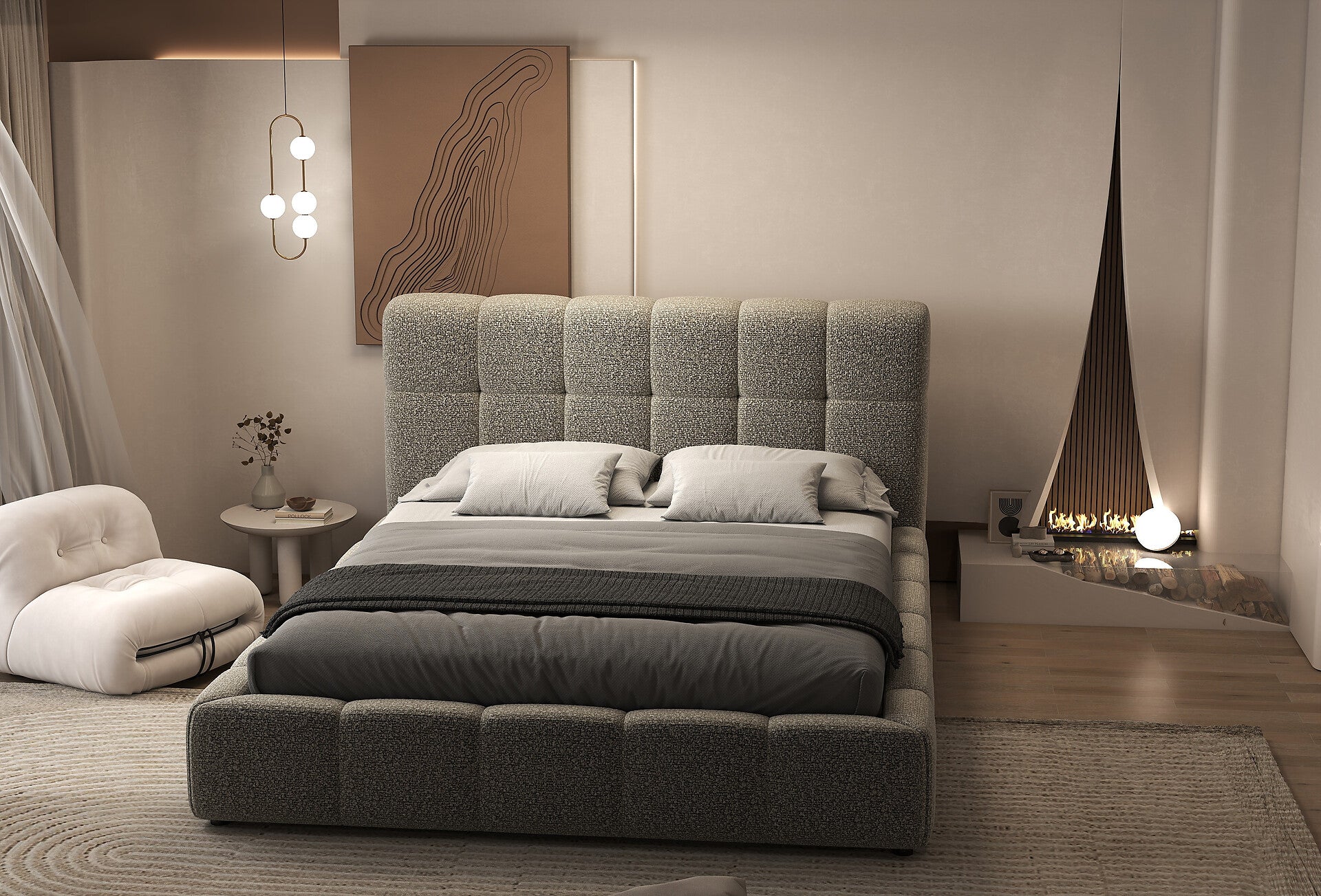 Pat dormitor dumonde, tapitat gri, Lorenzo 140x200 cm, somiera rabatabila inclusa, spatiu depozitare