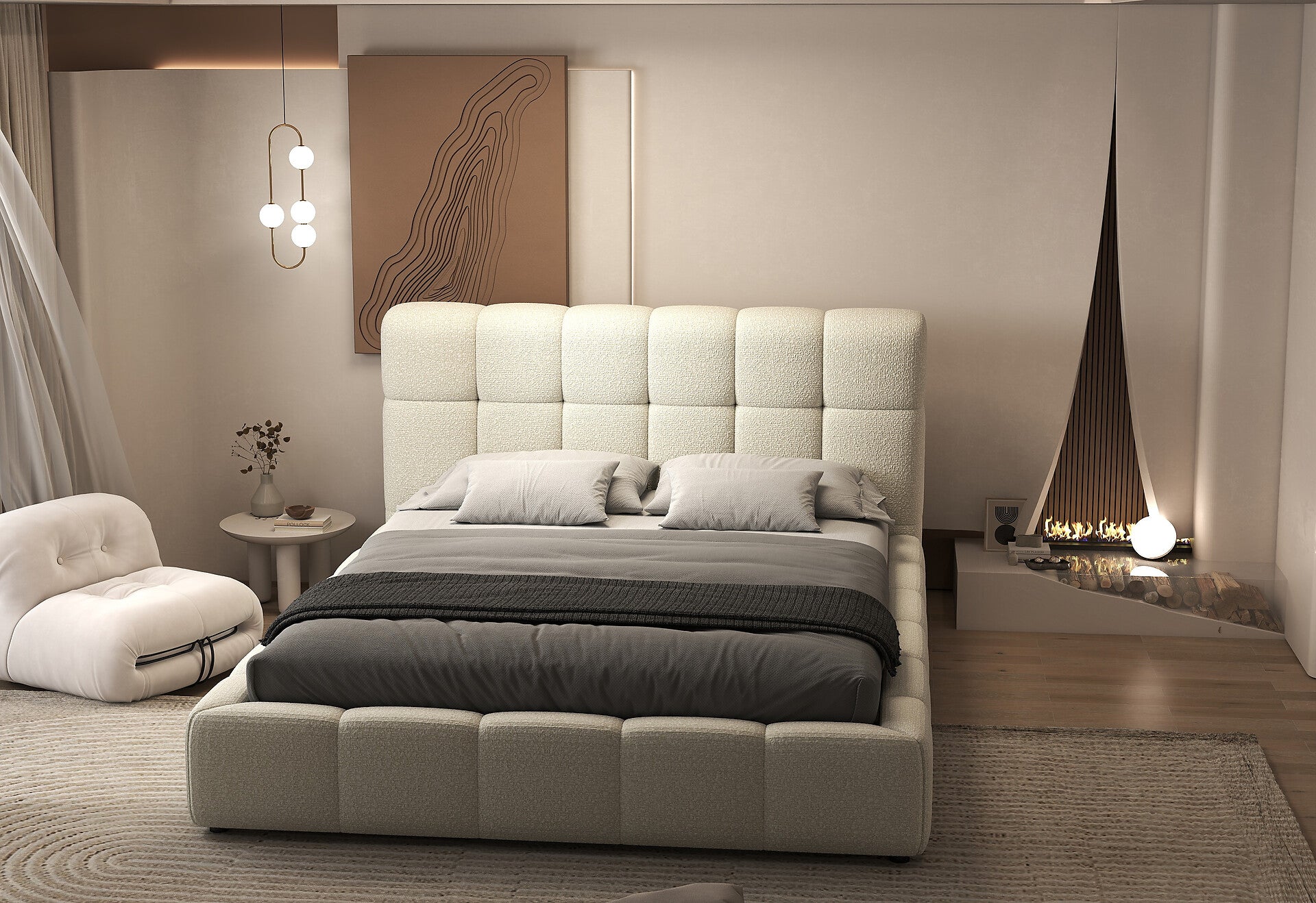 Pat dormitor dumonde, tapitat bej, Lorenzo 160x200 cm, somiera rabatabila inclusa, spatiu depozitare