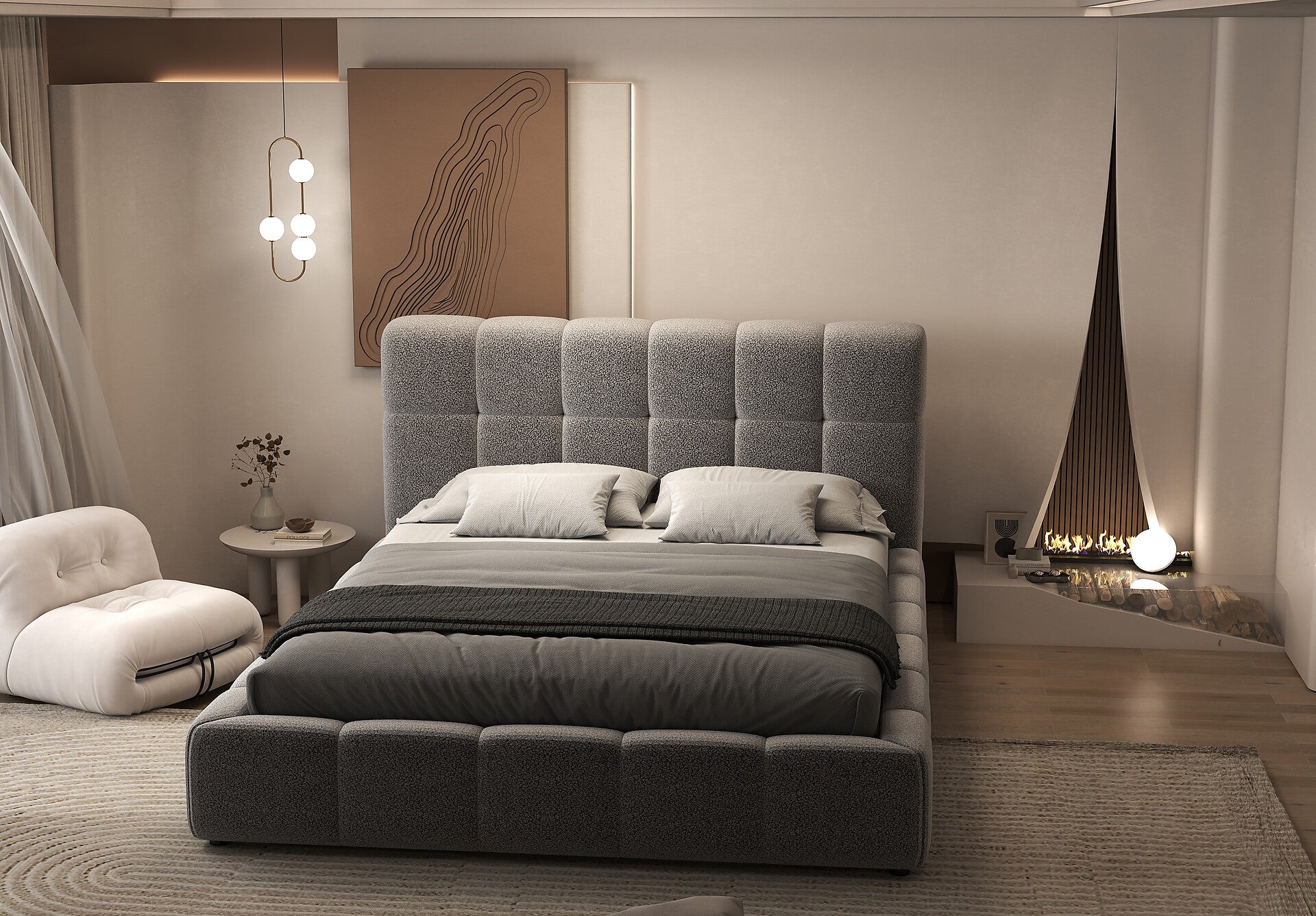 Pat dormitor dumonde, tapitat alb, Lorenzo 160x200 cm, somiera rabatabila inclusa, spatiu depozitare