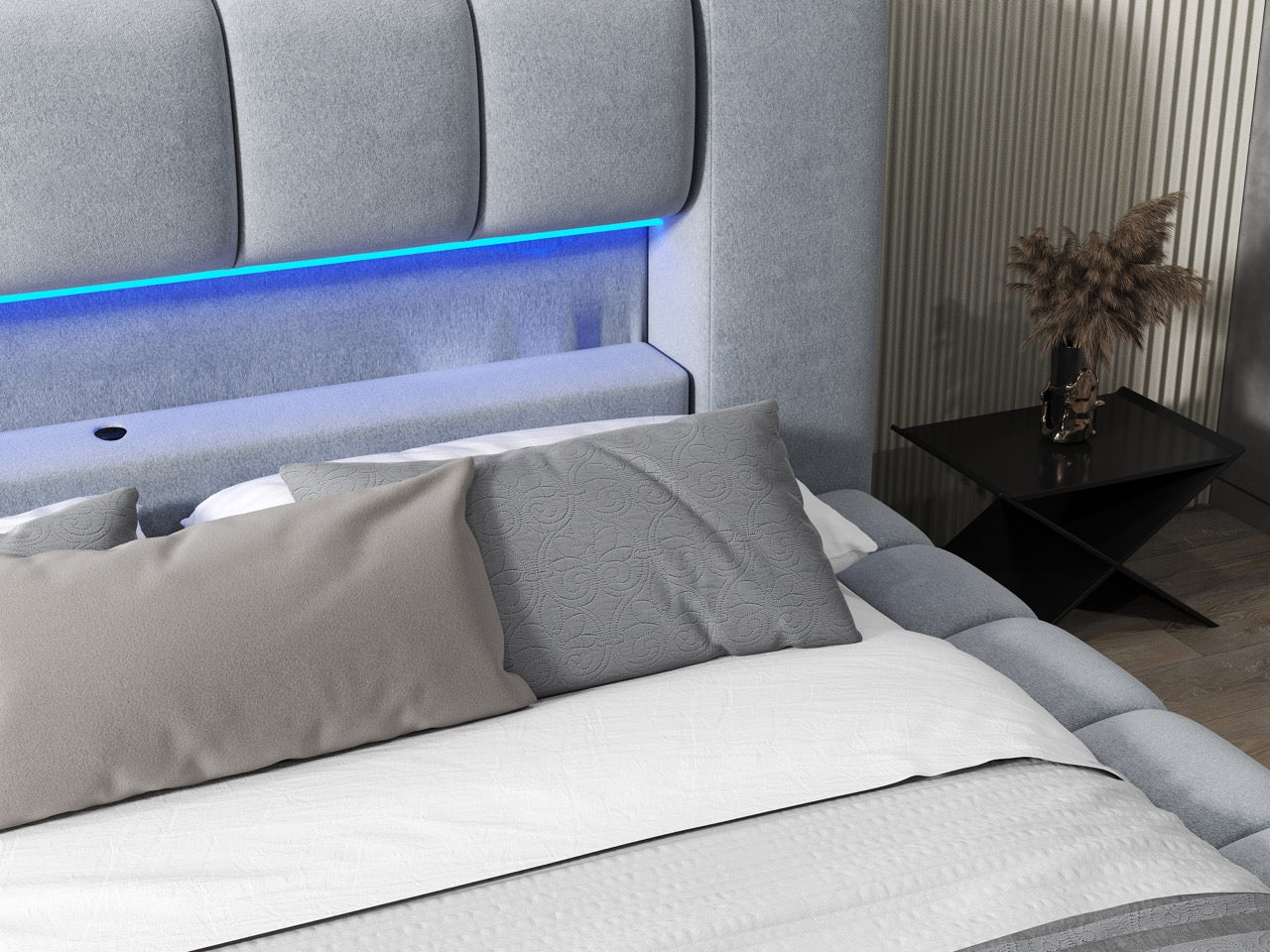 Pat dormitor dumonde, tapitat gri cu LED si USB, Palermo 160x200 cm, somiera rabatabila inclusa, spatiu depozitare WLS