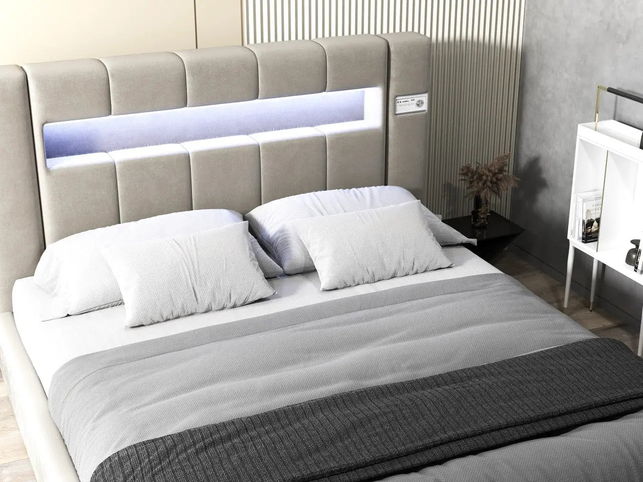 Pat dormitor dumonde, tapitat bej, Glow 180x200 cm, somiera rabatabila inclusa, spatiu depozitare WLS