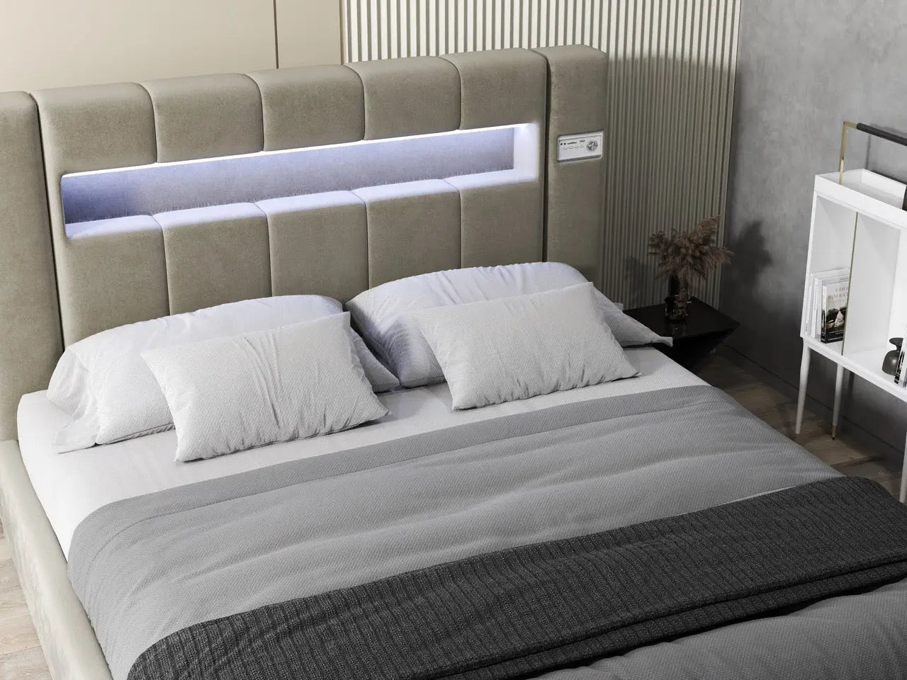 Pat dormitor dumonde, tapitat bej, Glow 180x200 cm, somiera rabatabila inclusa, spatiu depozitare WLS