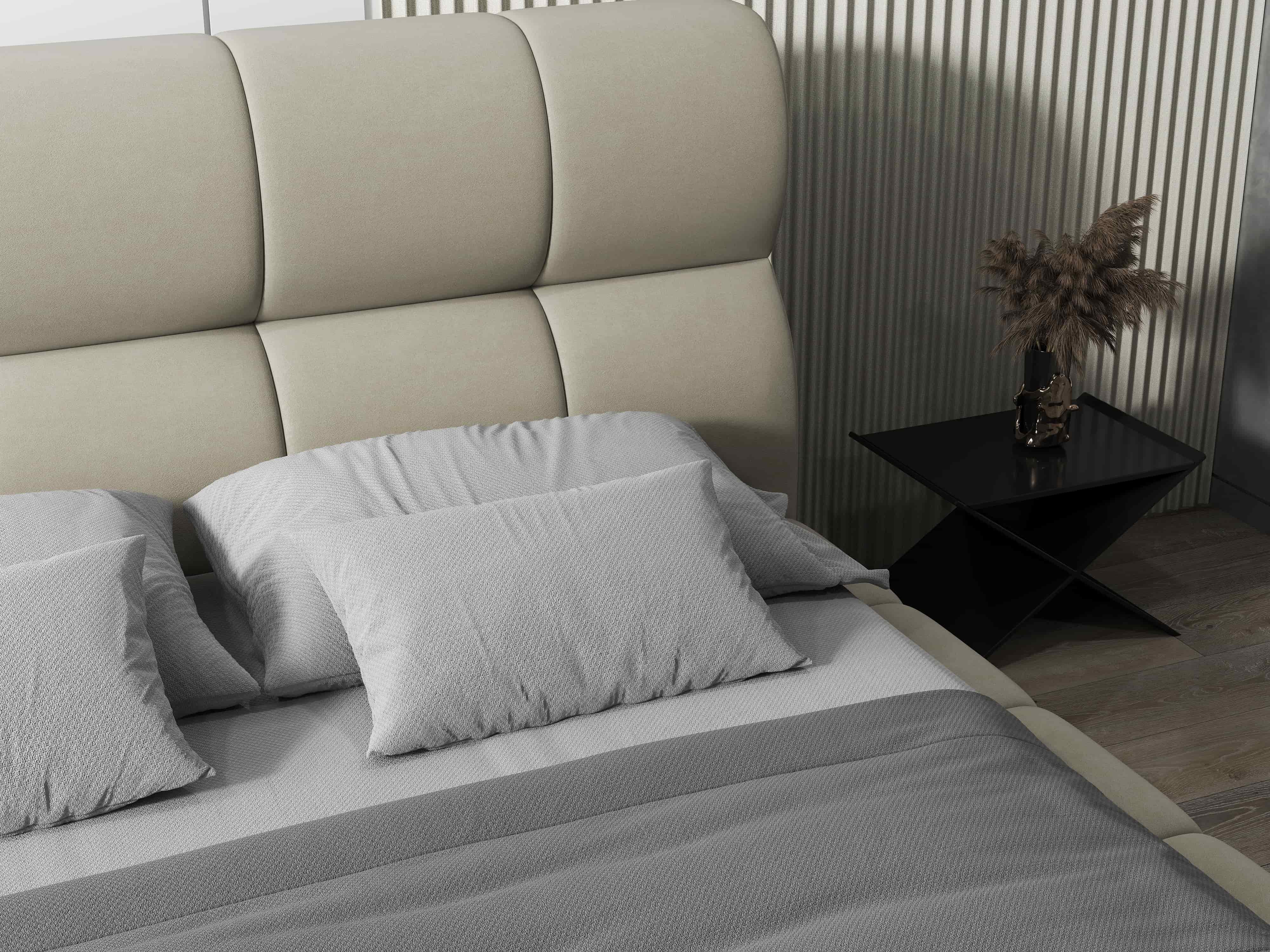 Pat dormitor dumonde, tapitat bej, Prestige 160x200 cm, somiera rabatabila inclusa, spatiu depozitare WLS